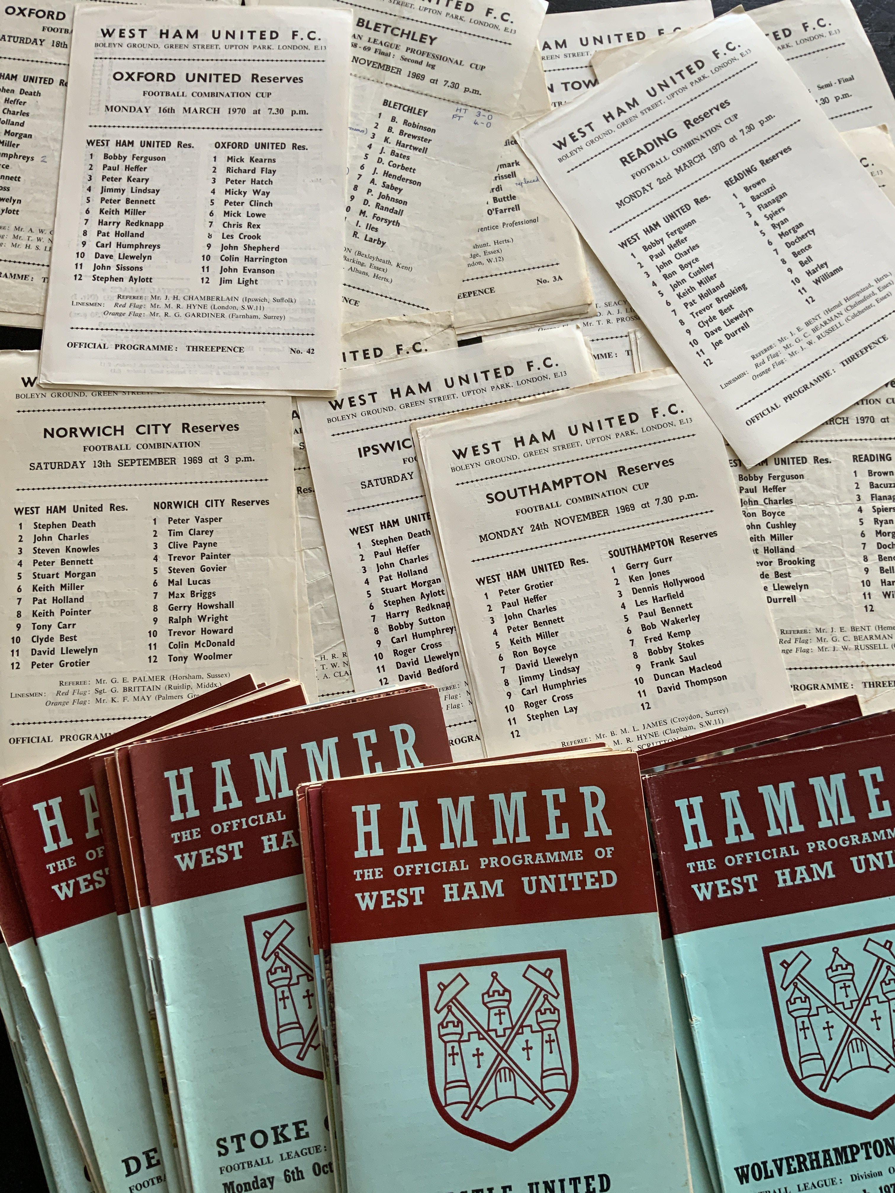 69/70 West Ham Complete Football Programmes: Good condition set with all first team reserves and youth only missing Coventry 11/2, Millwall SE Counties and Chelsea London Youth Cup. Some have team changes. (est 50)