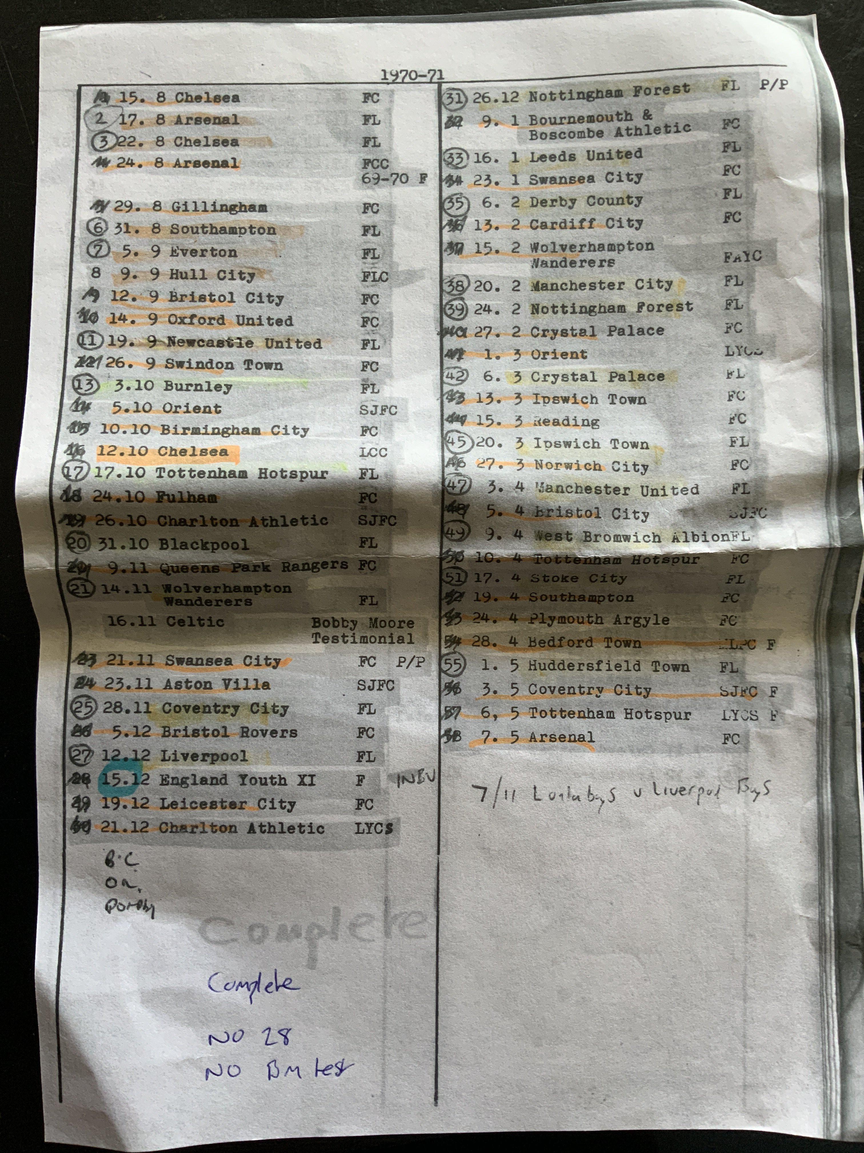 70/71 West Ham Complete Football Programmes: Superb condition numbered set with all first team reserves and youth only missing the Bobby Moore Testimonial and an England Youth programme. (est 50)