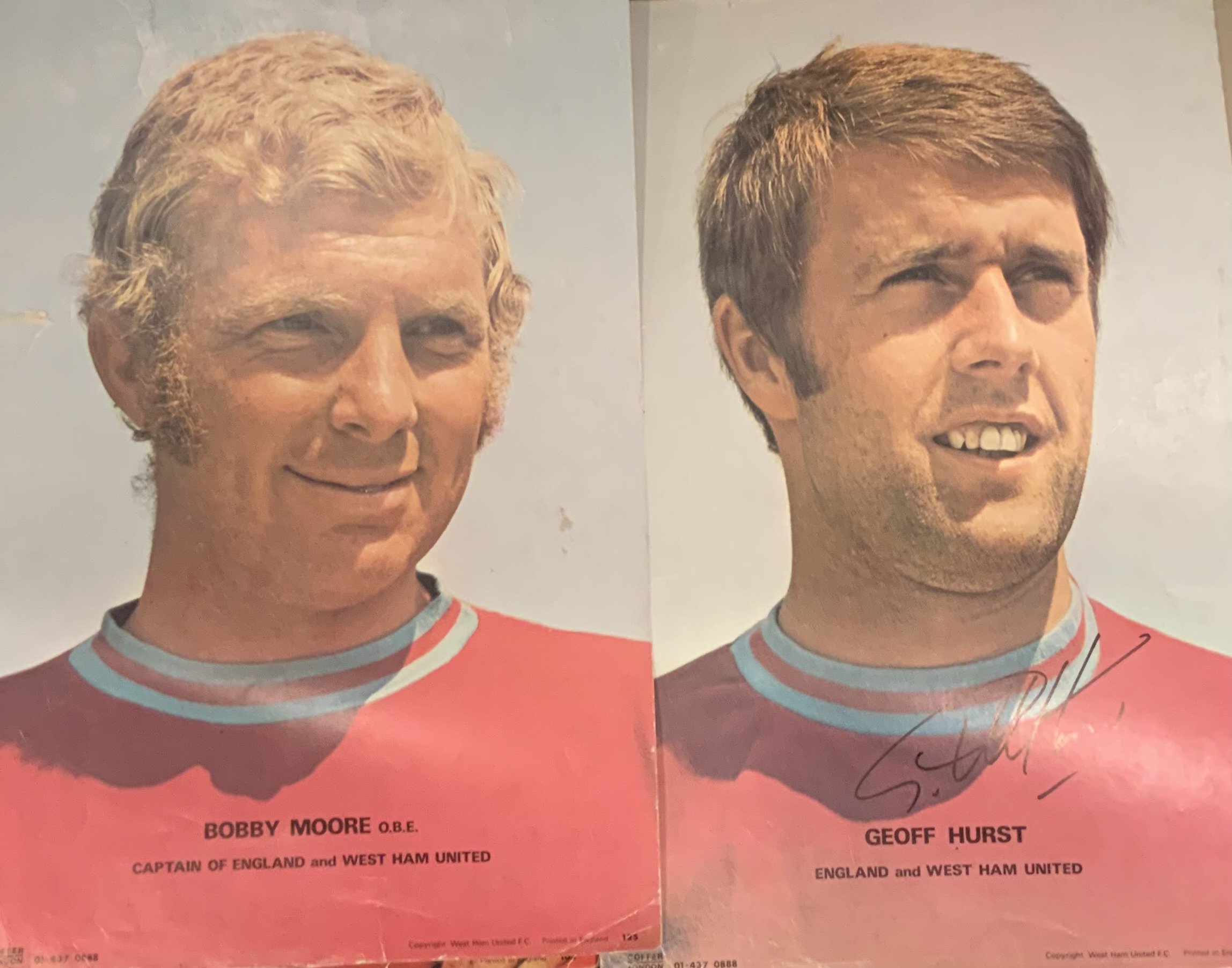 Coffer Early 1970s Football Posters: Posters of Bobby Moore George Best and a West Ham team group. Includes a signed Geoff Hurst. Creases and evidence of pinning to corners. (4)