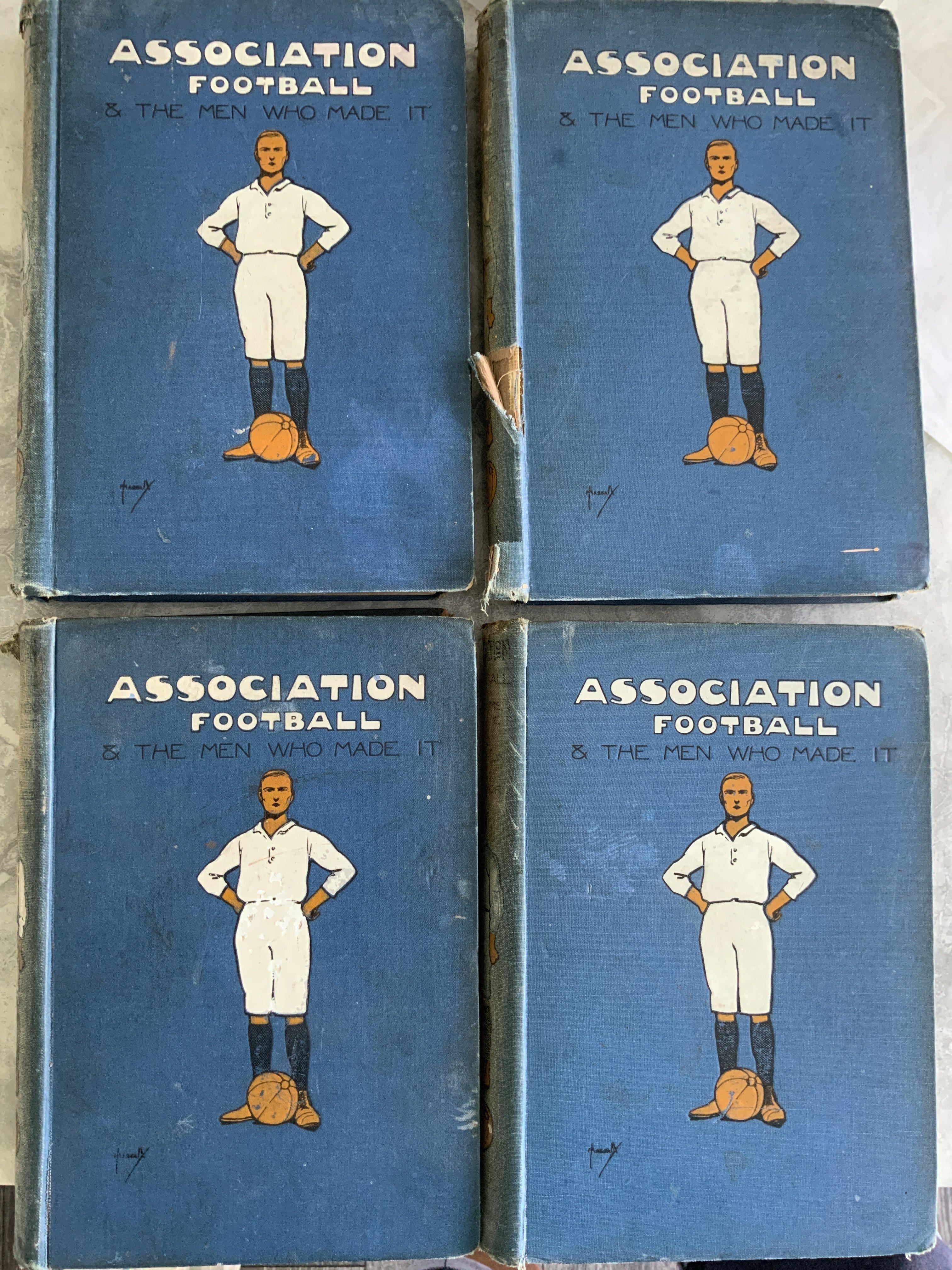 Association Football + The Men Who Made It Football Books: All 4 volumes of the 1905 book with some wonderful pictures inside. Internally and even the boards ok but spines are poor. (4)