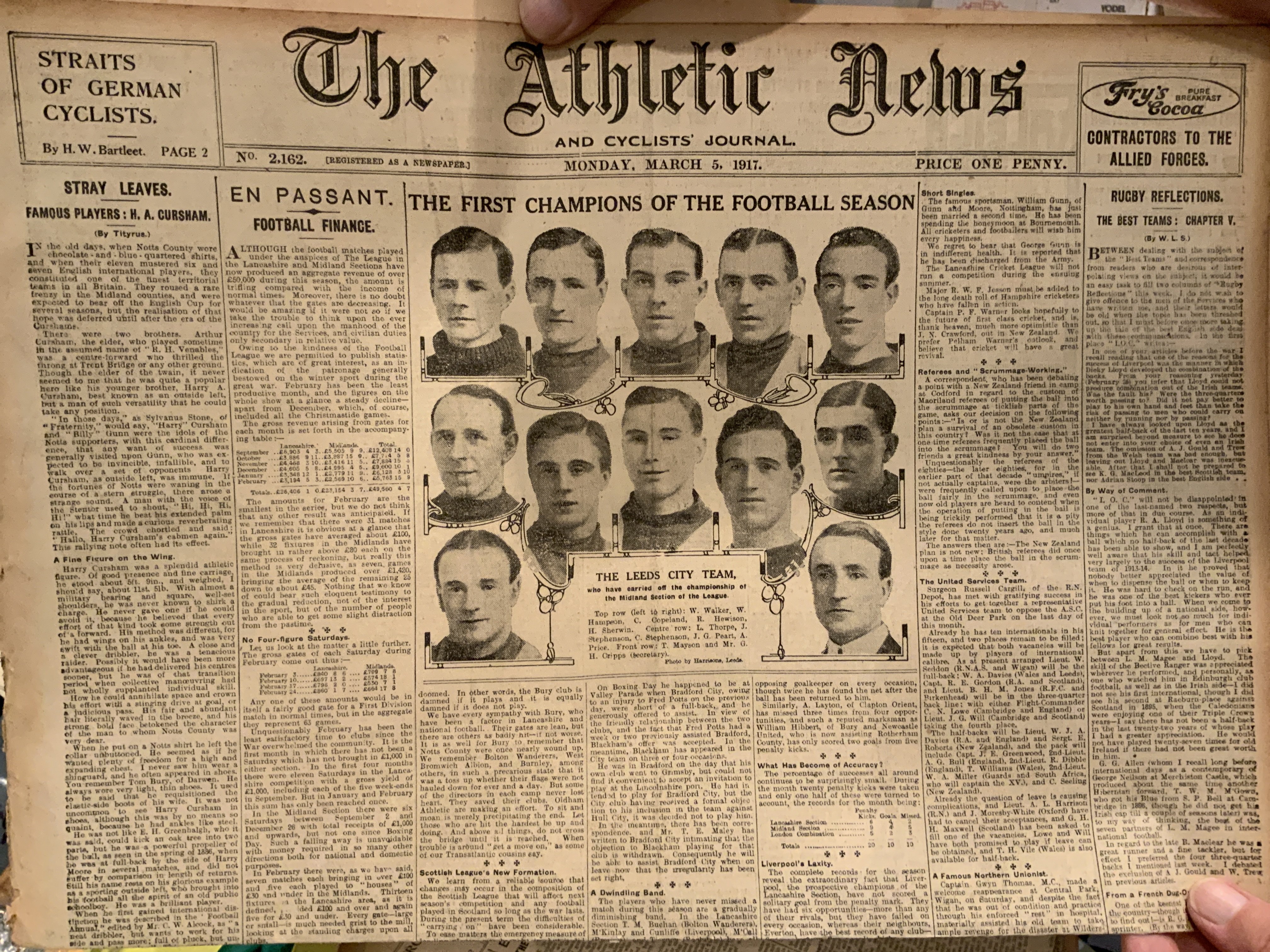First World War Football Newspapers: The Athletics News in fair condition for 110 years old. Covering all sports with good football content. March 1917 features the Leeds City players to cover under the heading first champions of the football season, February 1917 features the Tottenham team group on the front and a further team group of West Ham stating the best team in the south and refers to the London Combination. There are pictures of players that have died in the First World War and also currently away on service. (35)