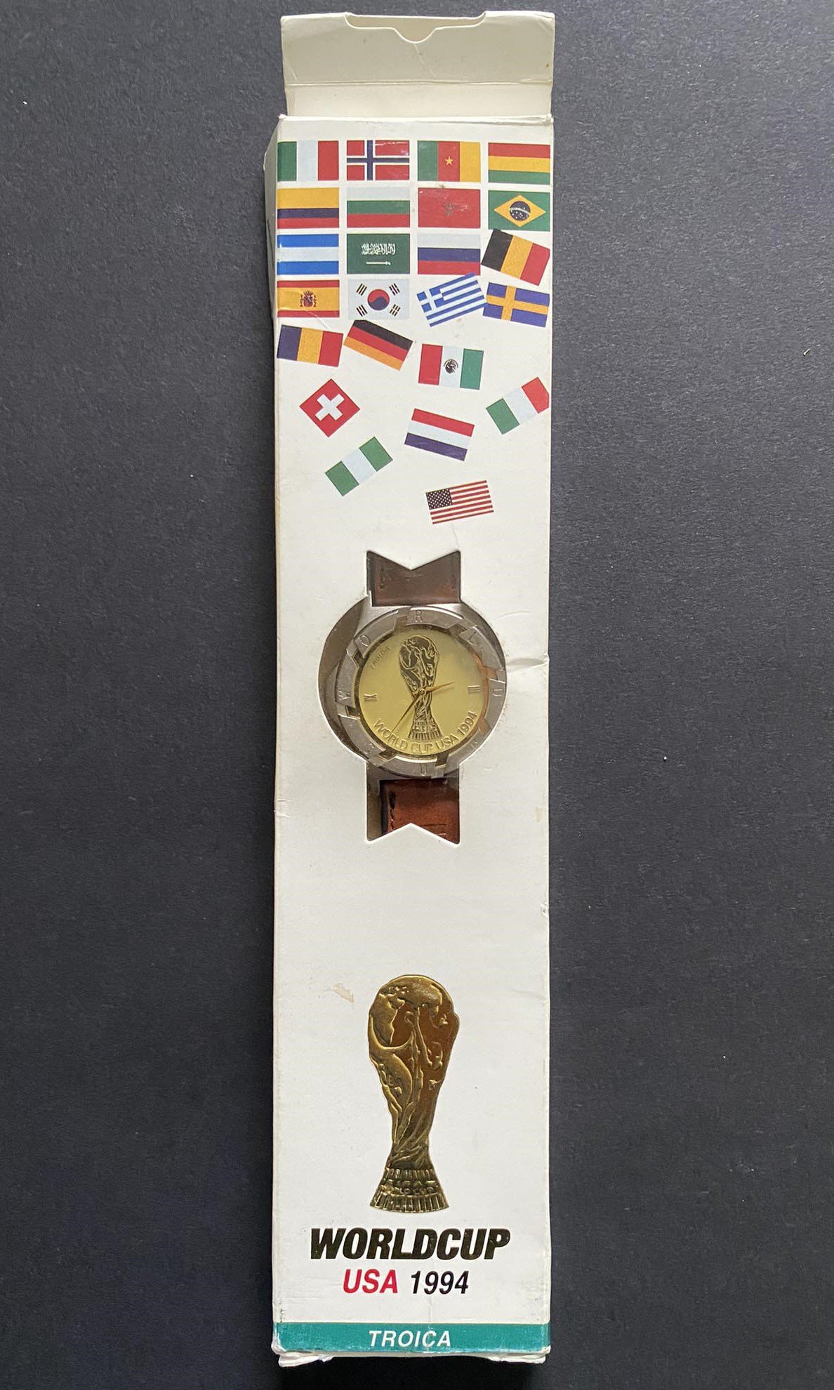 1994 World Cup Football Wrist Watch: Gifted to Lyall by Boncho Genchev of Ipswich and Bulgaria and thought to be player issued as this style does not appear to be commercially available. Stunning watch made by Troika has World Cup engraved to edge and World Cup USA 1994 with trophy to face.