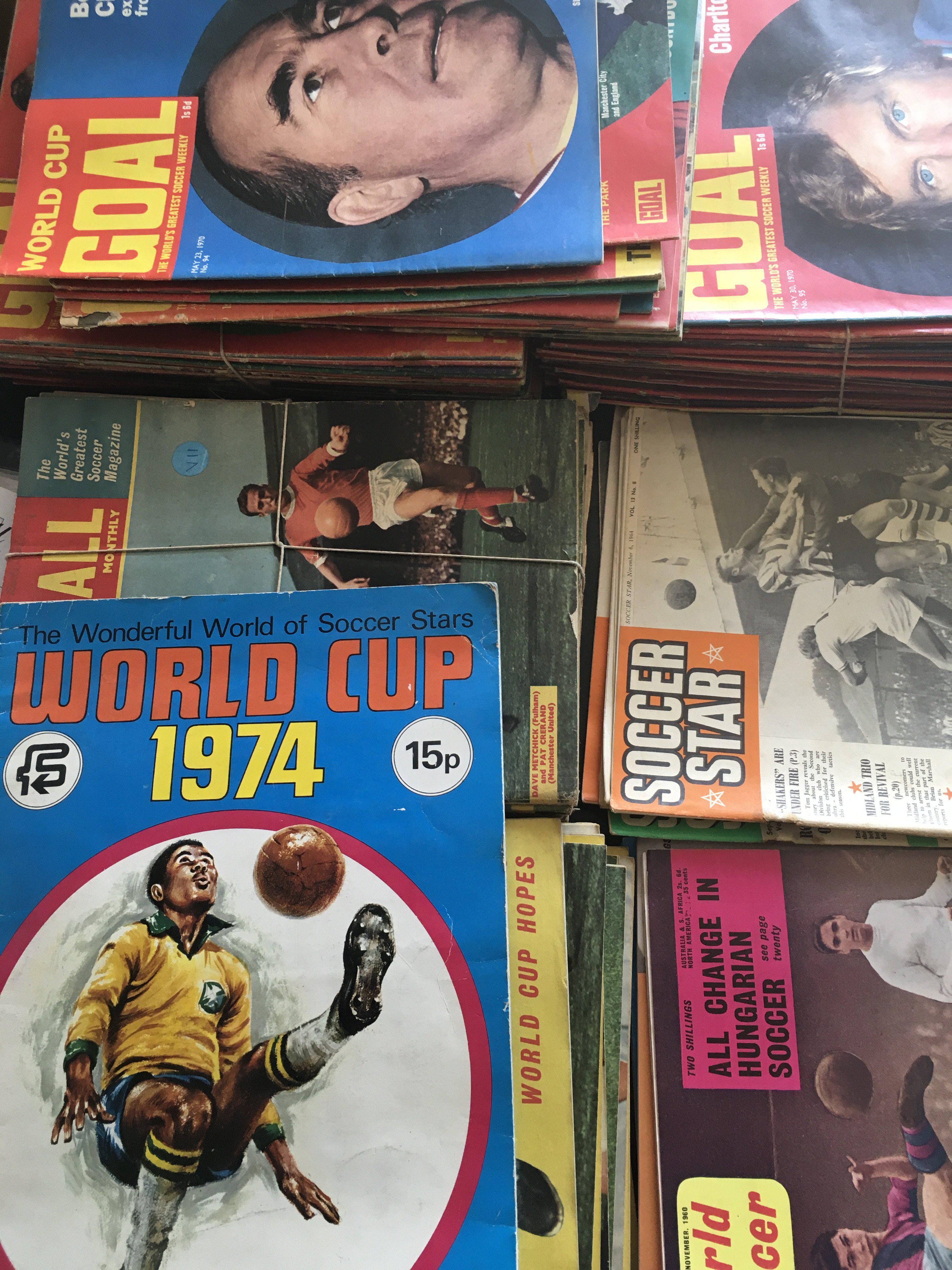 Football Magazine Collection: 60 Goal magazines plus a few Amateur Soccer, World Soccer and Soccer Stars. C/W 24 Charles Buchans. Empty World Cup 1974 FKS album included. (Est 100)