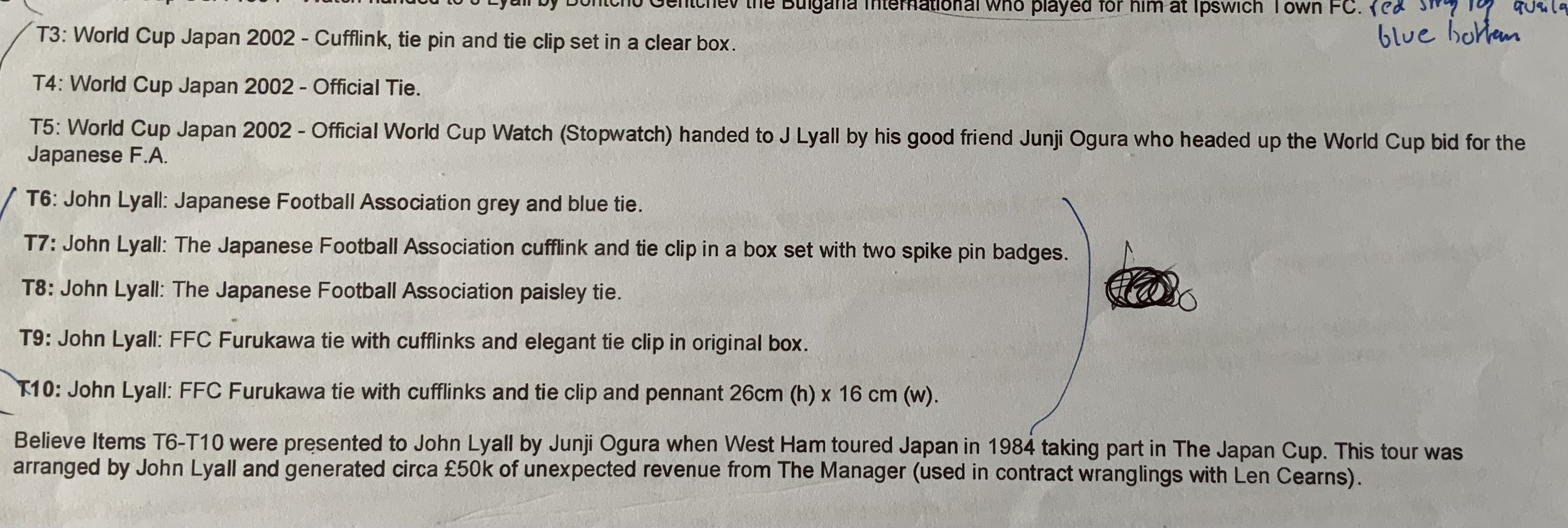 John Lyalls West Ham + England Japanese FA Gifts: Presented by his friend Junji Ogura who arranged the West Ham tour with Lyall in 1984. Ogura headed the successful campaign to get the 2002 World Cup to Japan and gifted Lyall some items. Plenty of cufflinks plus some ties and a stunning 2002 official World Cup watch. For full list please look at online pictures.