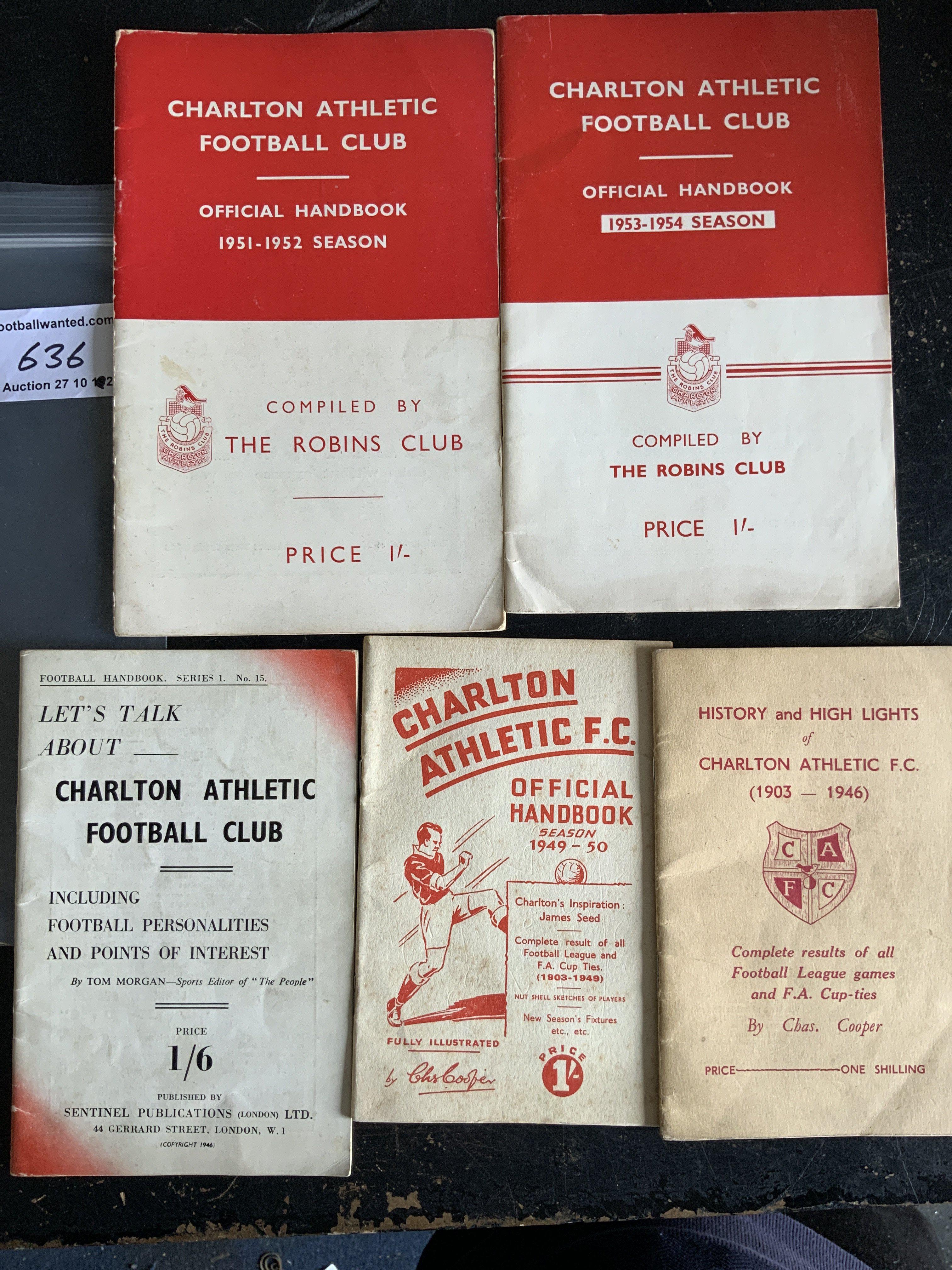 Charlton Football Handbooks: 49/50 51/52 53/54 plus Lets Talk About Charlton 1940s, History + Highlights 1946. Good. (5)