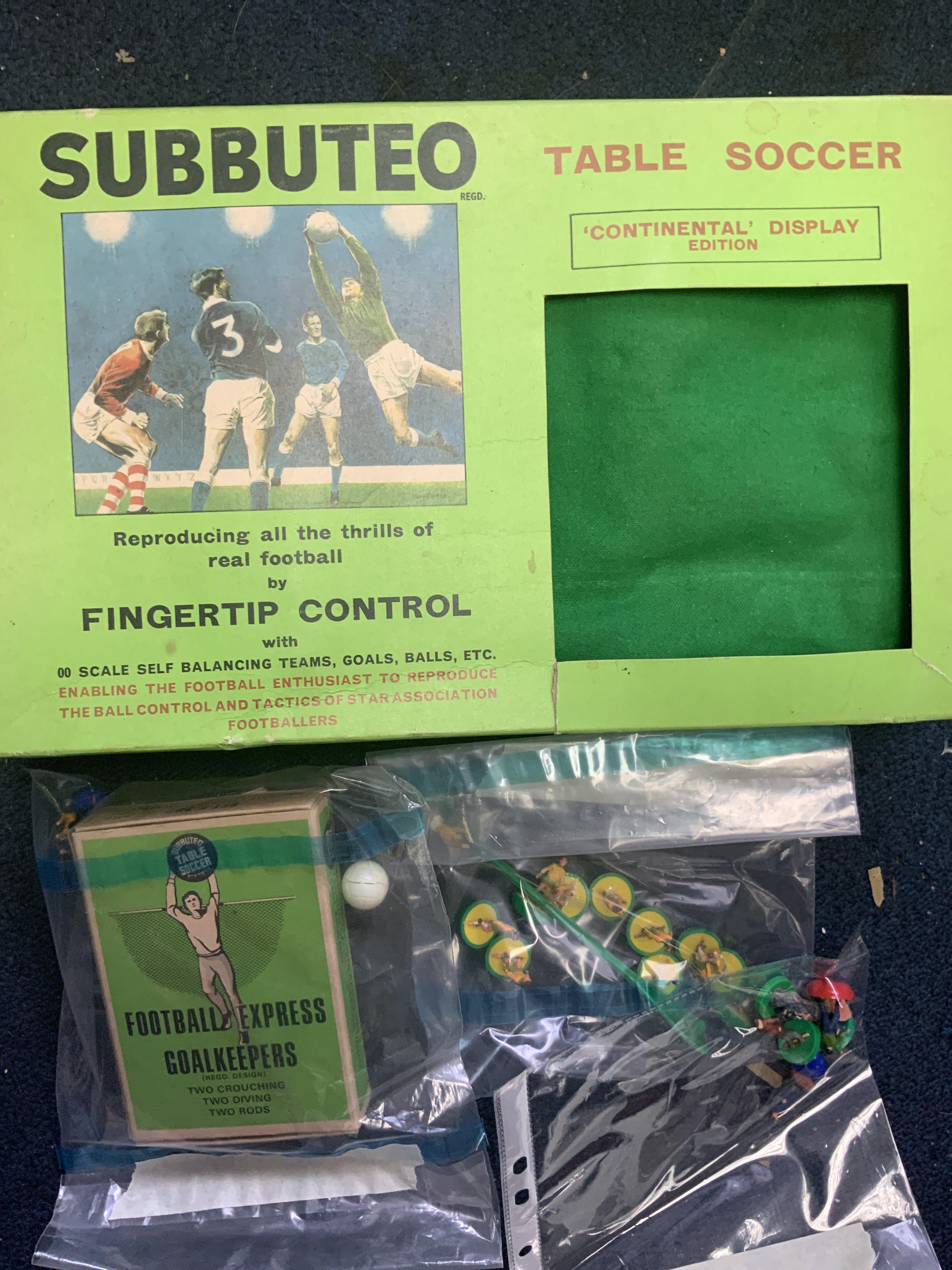 Football Memorabilia Box: Includes Subbuteto Coin Sets Panini Football Card Albums, loose stickers which include orange back A + BC, Panini World Cup 2006. There are 6 incomplete Panini Albums in fair condition. Worth a look.
