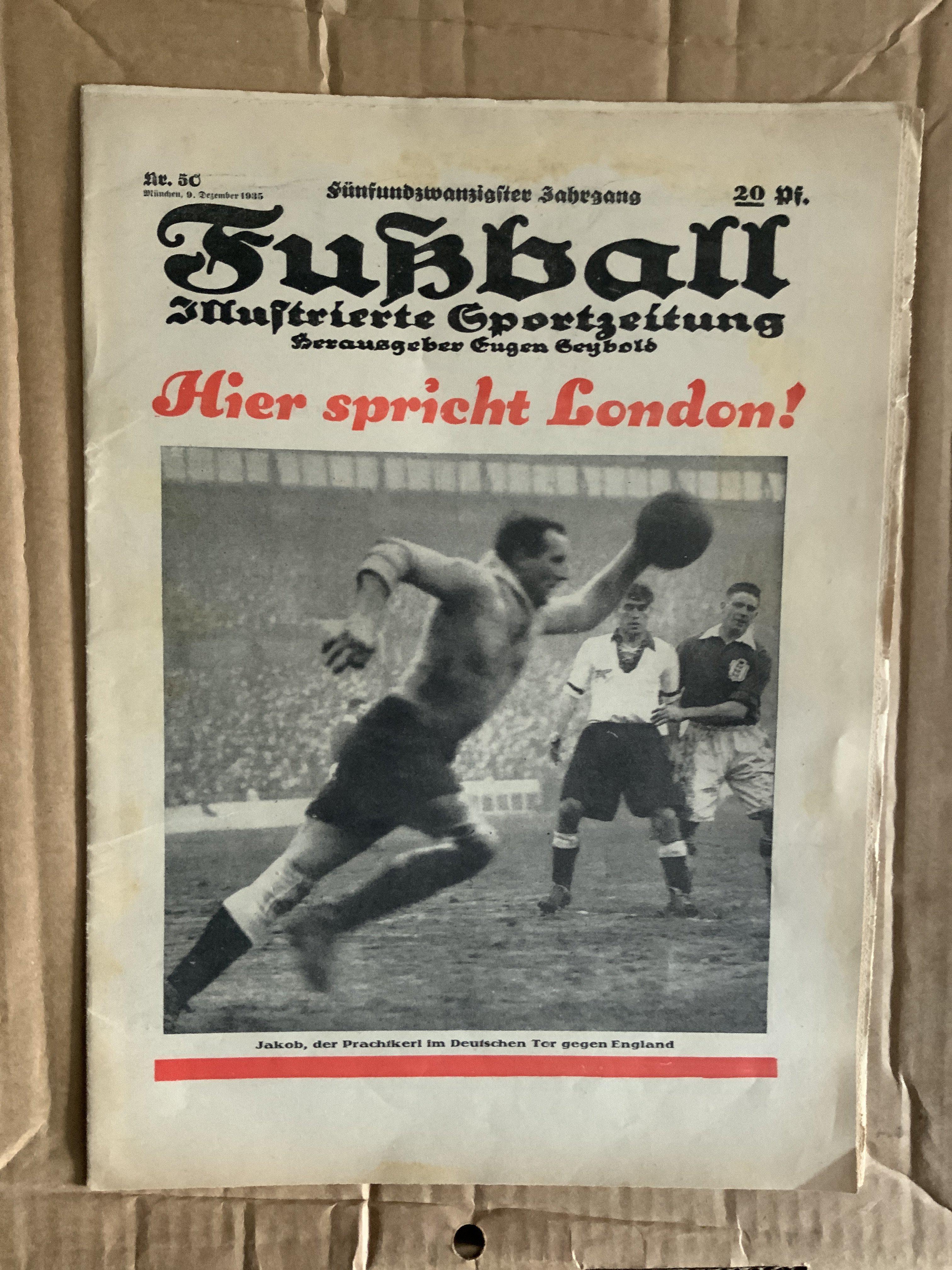1935 England v Germany At Tottenham Football Newspaper: Infamous match in which the German team all gestured the nazi salute in a ground with a high Jewish support. 24 page German paper is excellent and is devoted just to this match with photos and match reports.