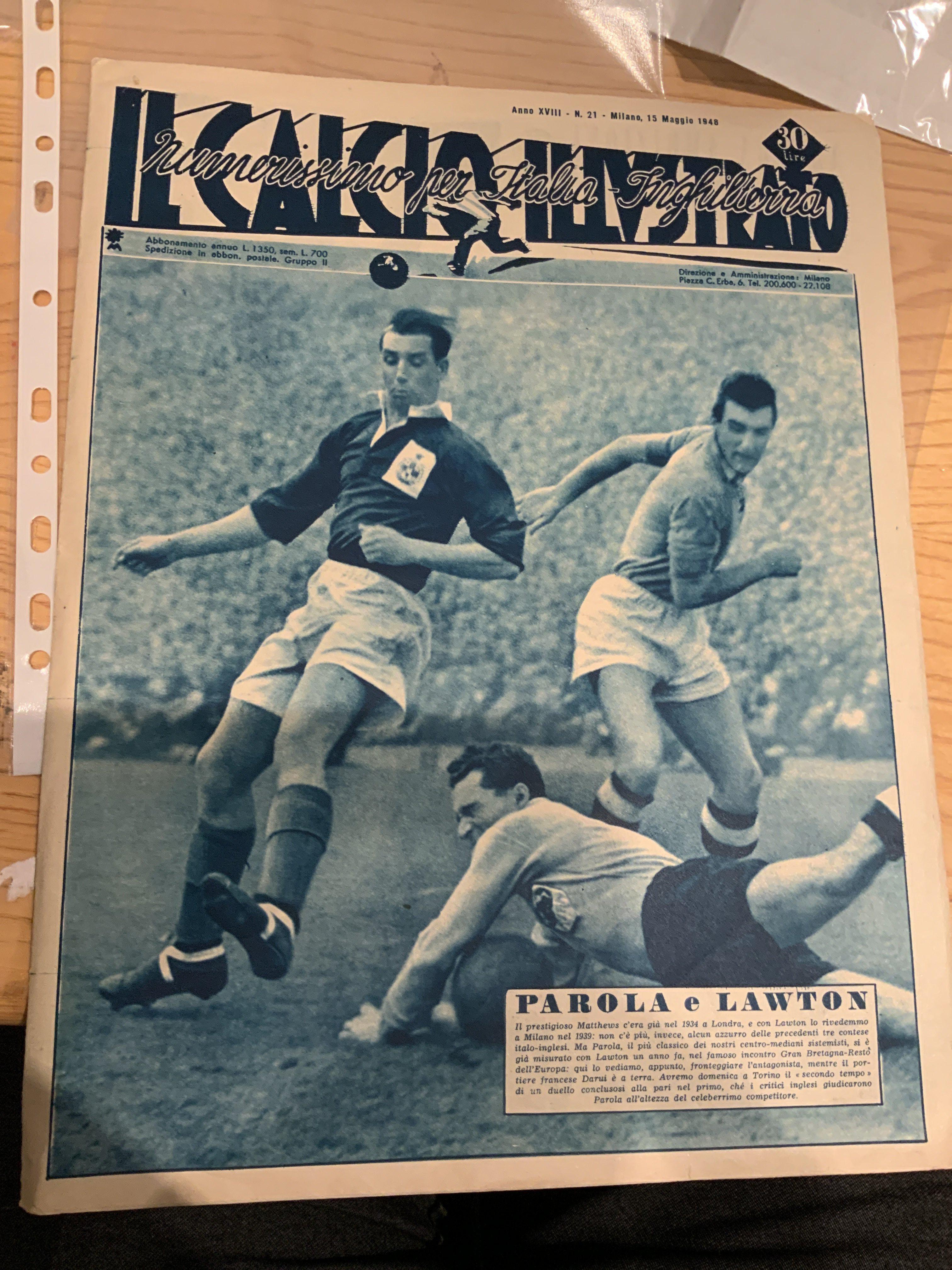 1948 Italy v England Football Newspaper: Il Calcio Illustrato dated 15 5 1948 with just about all the 16 pages devoted to the forthcoming full international that England won 0-4. Excellent.