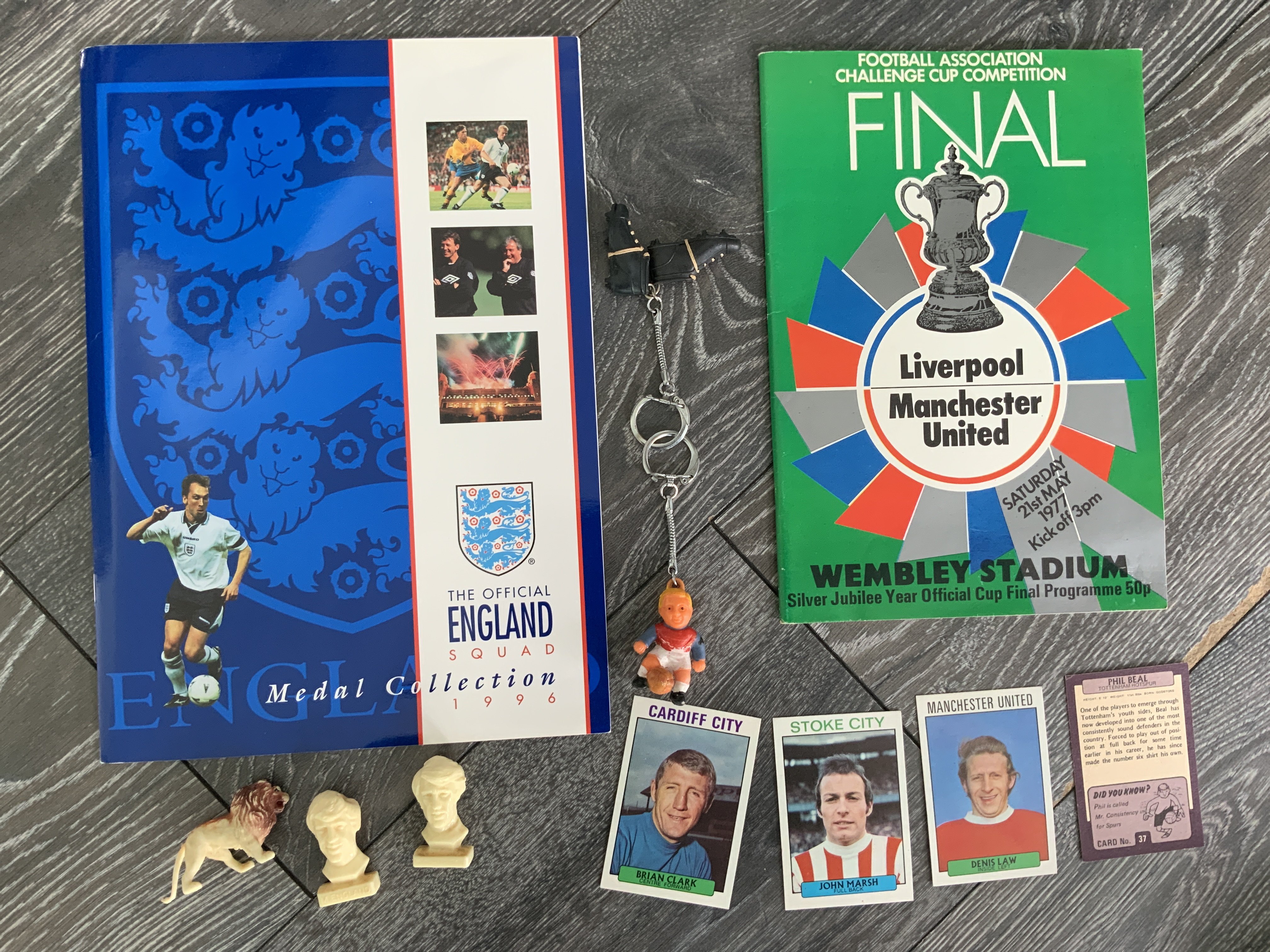 Football Memorabilia: 1960s original keyring almost certainly Bobby Moore, Euro 96 complete England squad coin set and more. Instructions to sell.