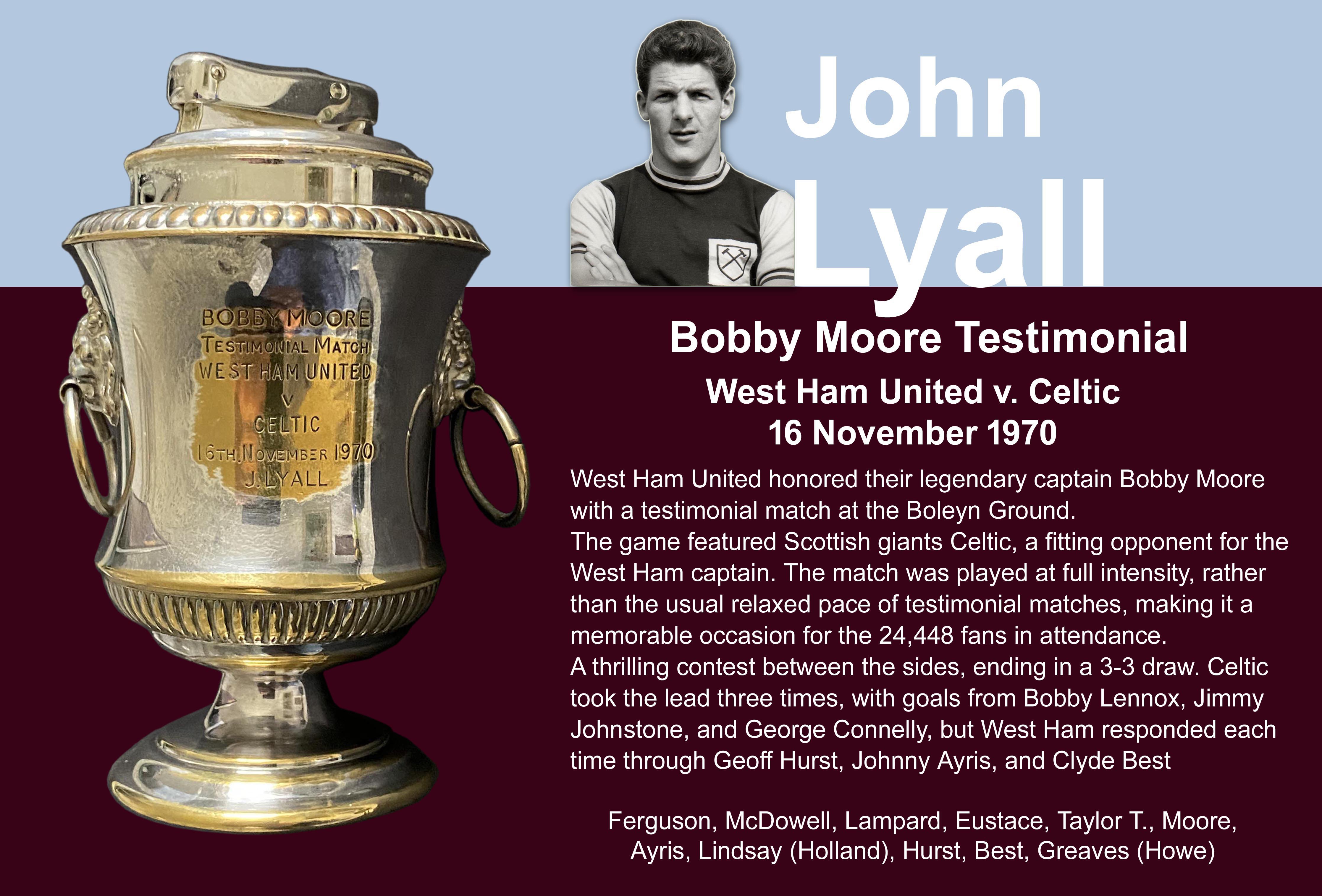 Bobby Moore 1970 West Ham v Celtic Testimonial Lighter: Stunning lighter in the shape of a football trophy with the words engraved Bobby Moore Testimonial Match West Ham United v Celtic 16th November 1970 J Lyall. Rare item.