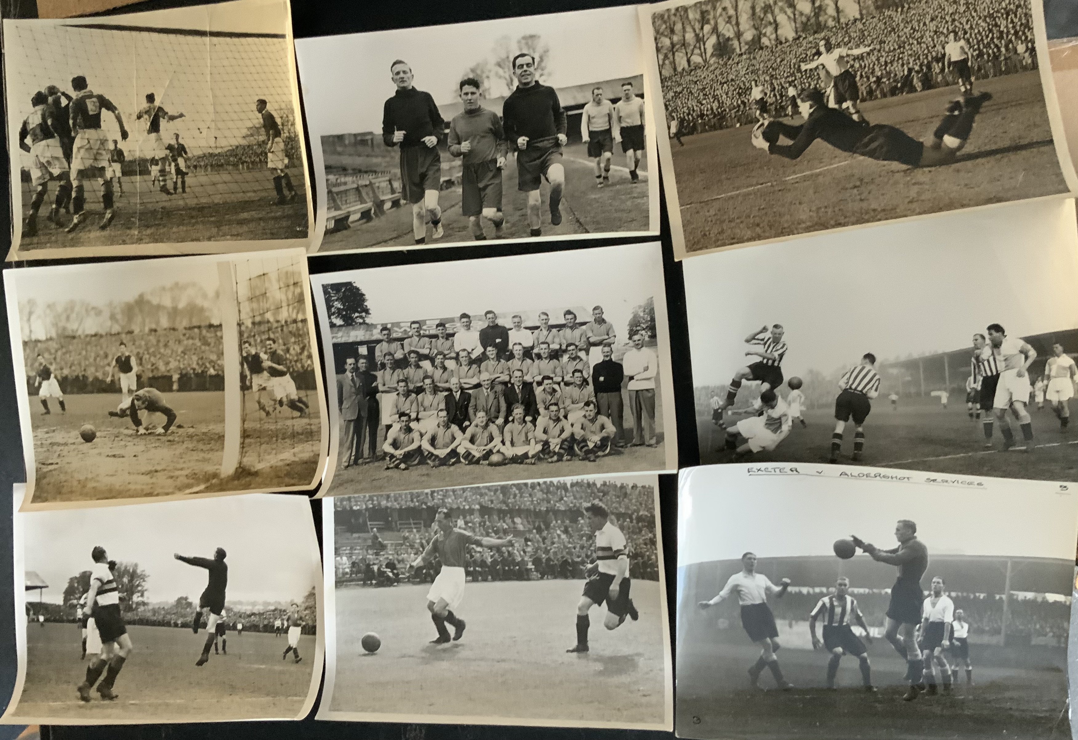 Plymouth Argyle Old Football Press Photo Collection: All definitely original press photos mostly 1940s with some early 50s and 1930s. 10 x 8 photos all with press stamps, (7) plus 8 x 6 photos with 5 having press stamps. (13). Lots of match action including opponents Millwall West Ham Wolves Cardiff and Fulham. Some team groups and mostly with hand written descriptions to rear. One photo is Exeter. Stunning collection. (20)