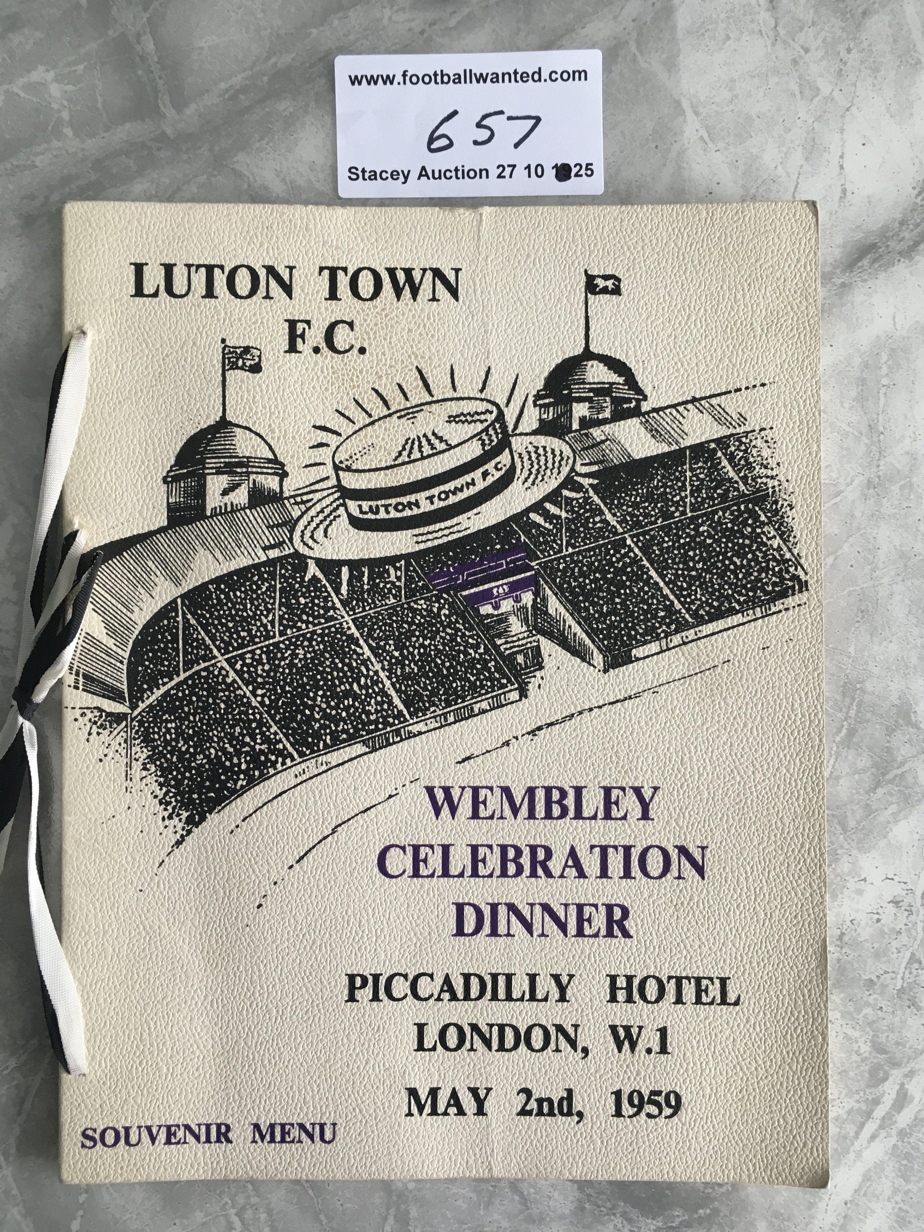 1959 Luton Town FA Cup Final Football Menu: Stunning menu with ribbons held at the Piccadilly Hotel in London the evening of the match. Excellent condition.