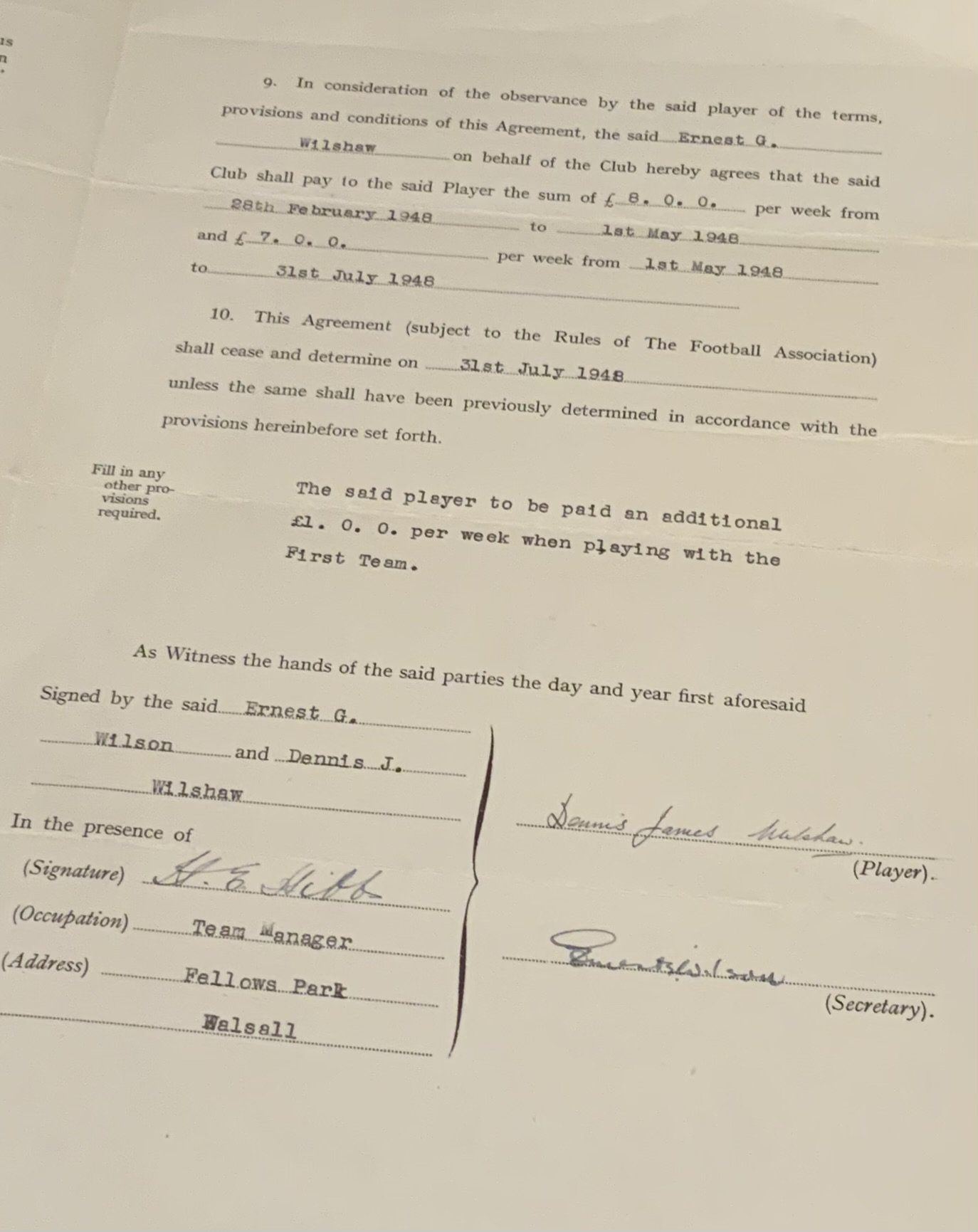 47/48 Walsall Football Players Contract: 8 pounds per week contract awarded to Dennis Wilshaw. Signed by player and manager Harry Hibs