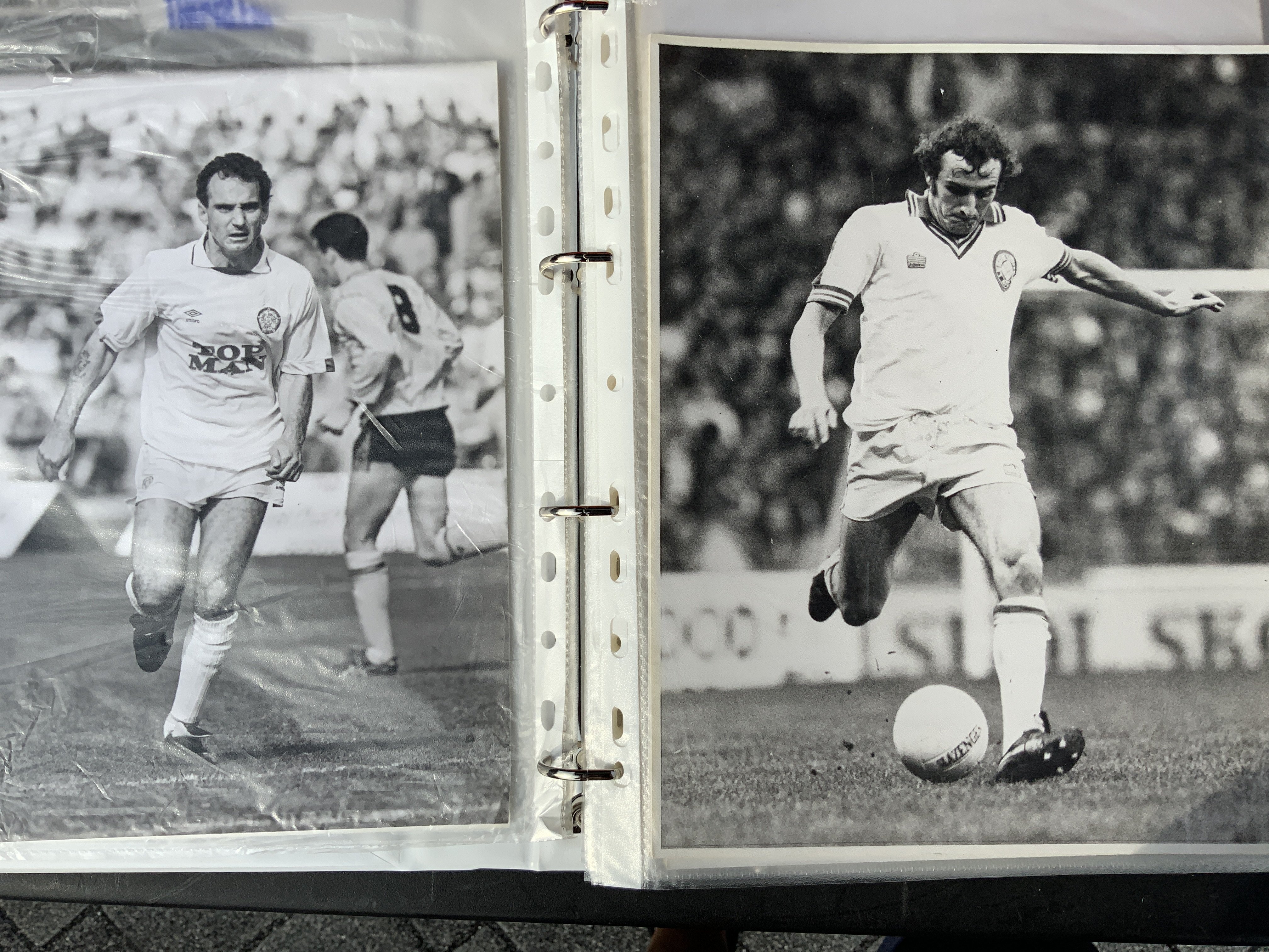 Leeds United Football Press Photos: 1970s and early 80s large photos of mainly individual players sometimes in match action with press stamps and players identified to rear. C/W 20 colour slides. (est 70)