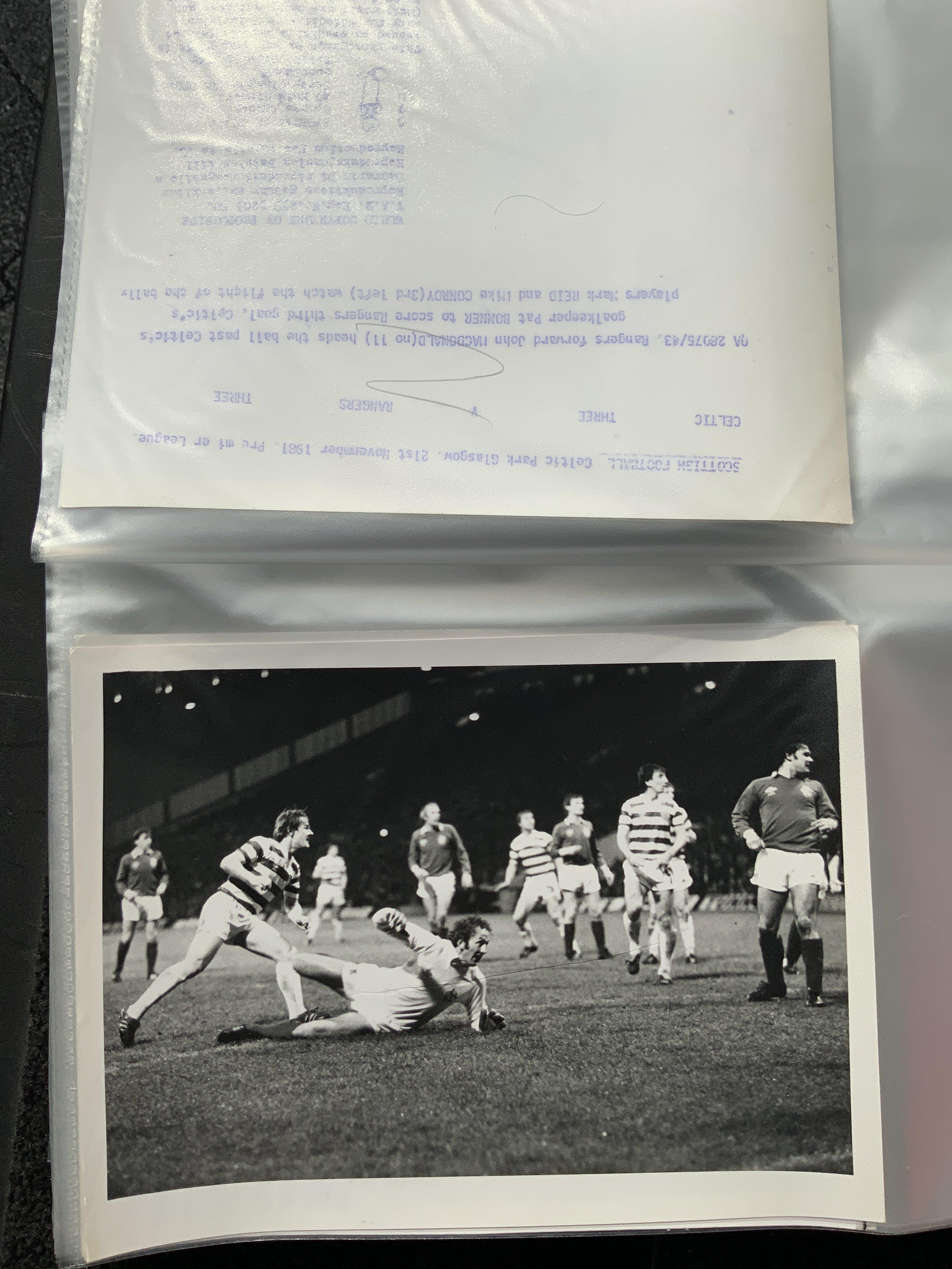 Celtic v Rangers Football Press Photos: 1980s mainly 8 x 6 inch photos of match action with press stamps and annotations to rear. (est 55+)