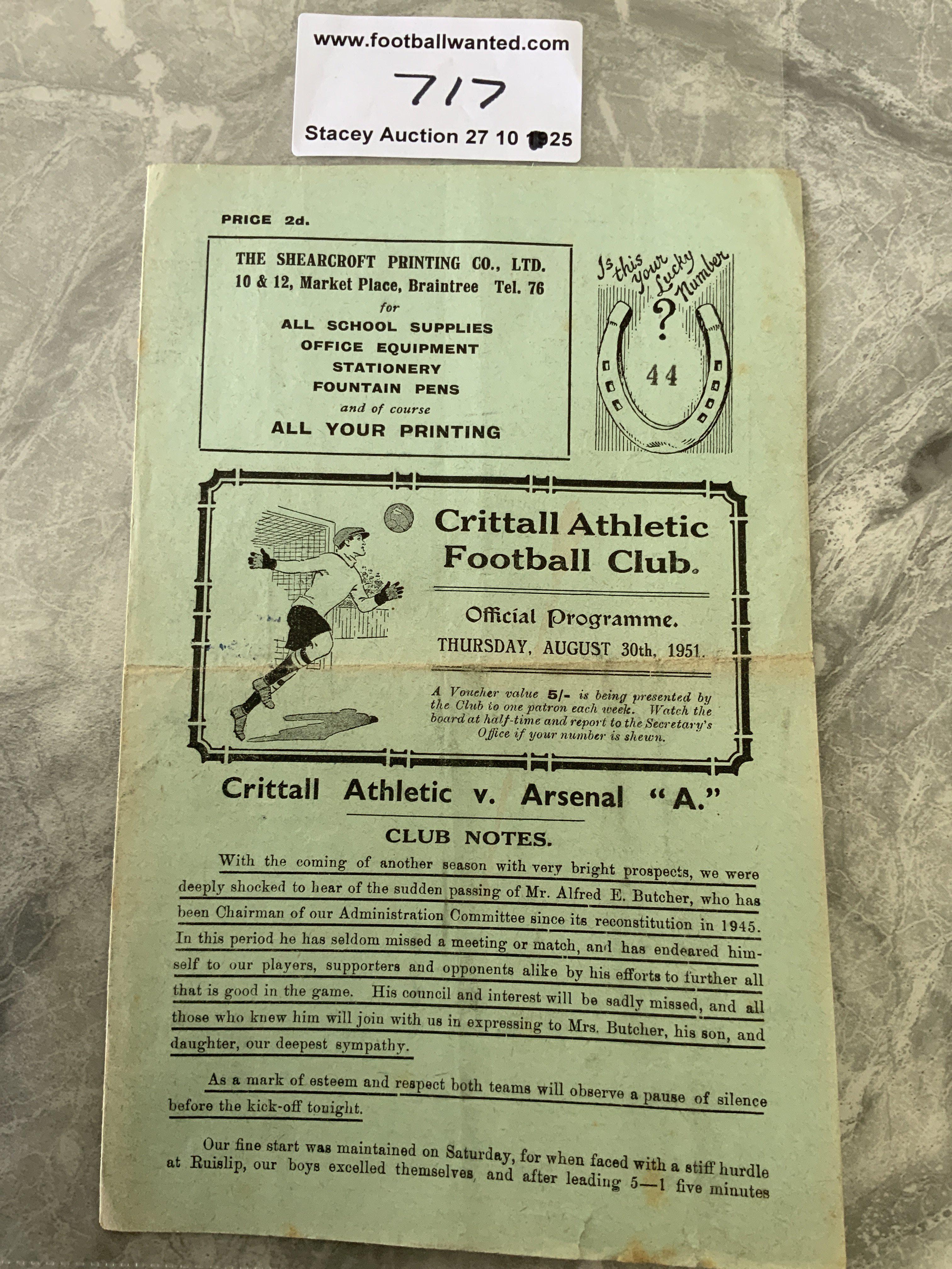 51/52 Crittall v Arsenal A Football Programme: East Anglian Cup match with team changes and fold dated 30 8 1951.