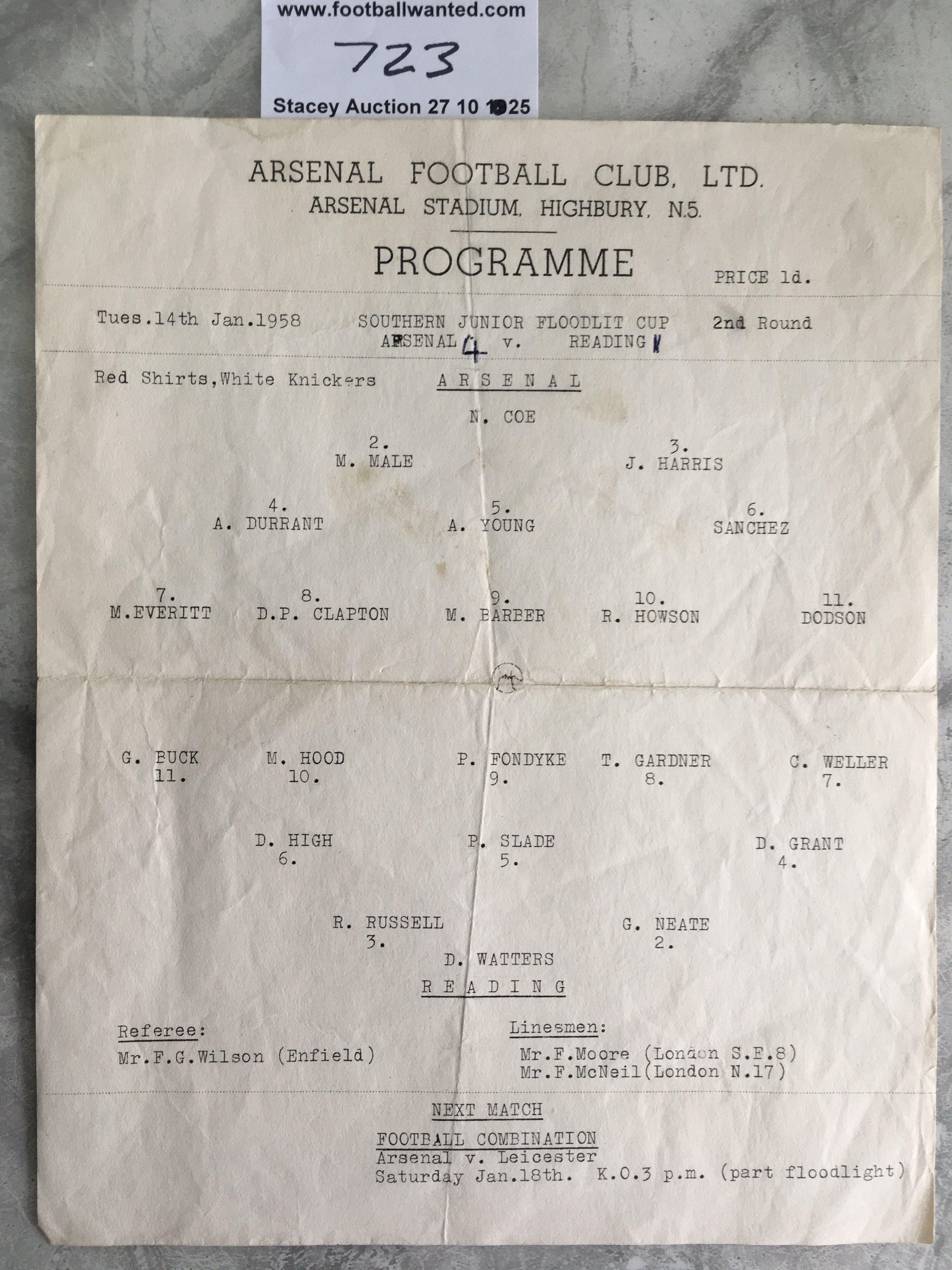 57/58 Arsenal v Reading SJFC Football Programme: Single sheet played on 14 1 1958. Score noted but overall good with folding.