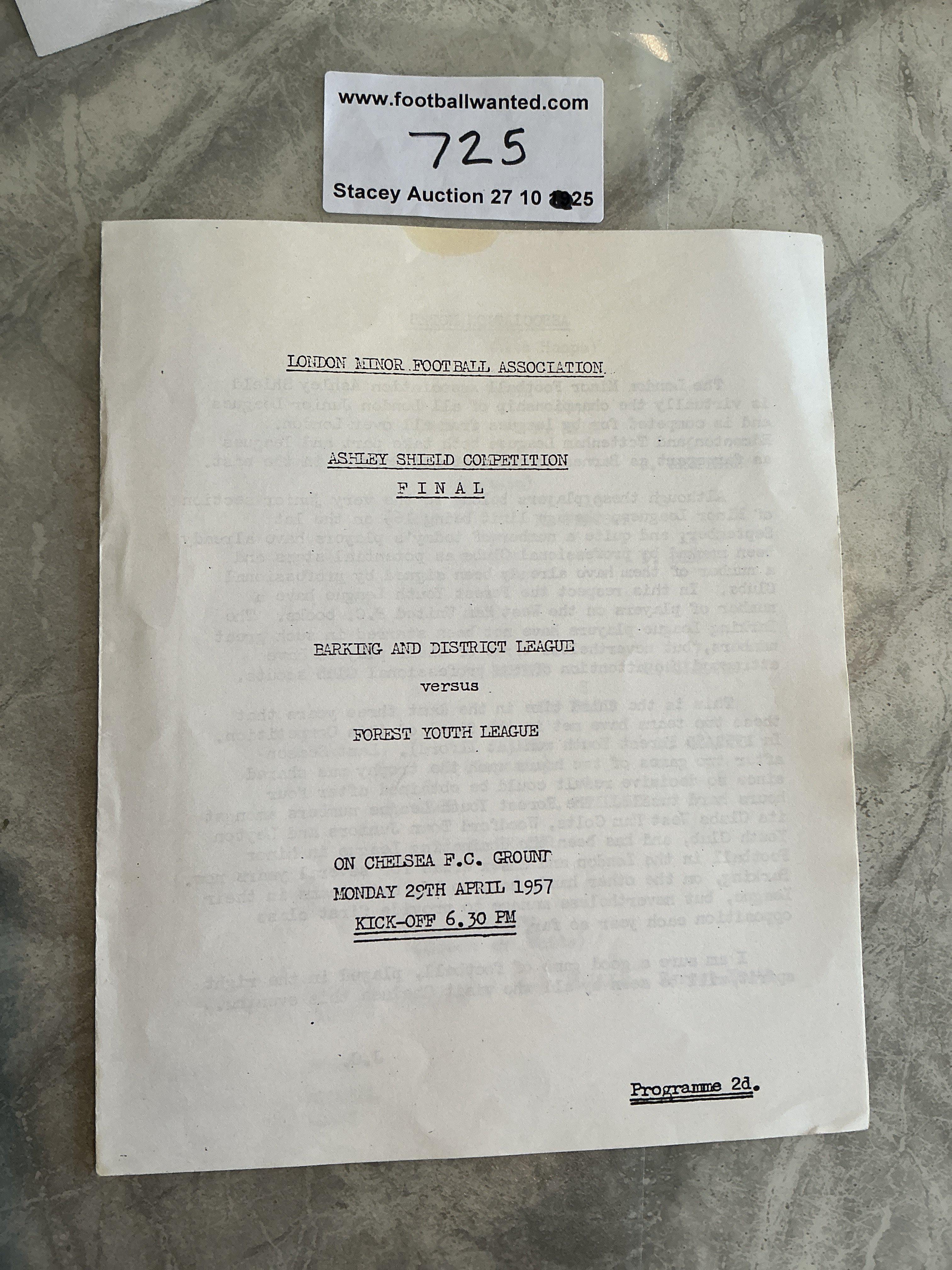 56/57 Barking League v Forest League At Chelsea Football Programme: London Minor FA youth match 4 page sheet played at Stamford Bridge. Tiny stain but no writing. Captain of Forest is Bobby Moore.