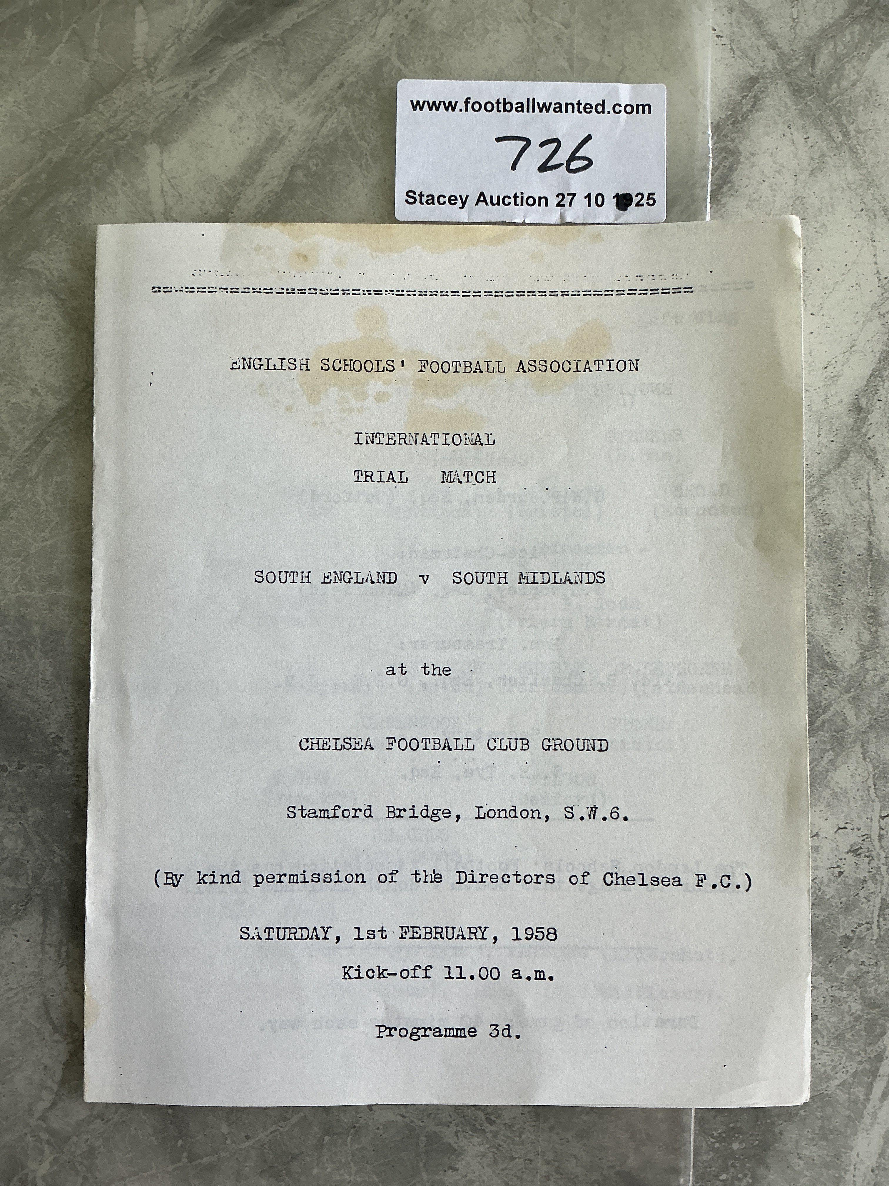57/58 England Trial Match At Chelsea Football Programme: South England v South Midlands played at Stamford Bridge. 4 page typed sheet with staining but no writing. Includes Terry Venables Ron Harris and Ron Boyce.