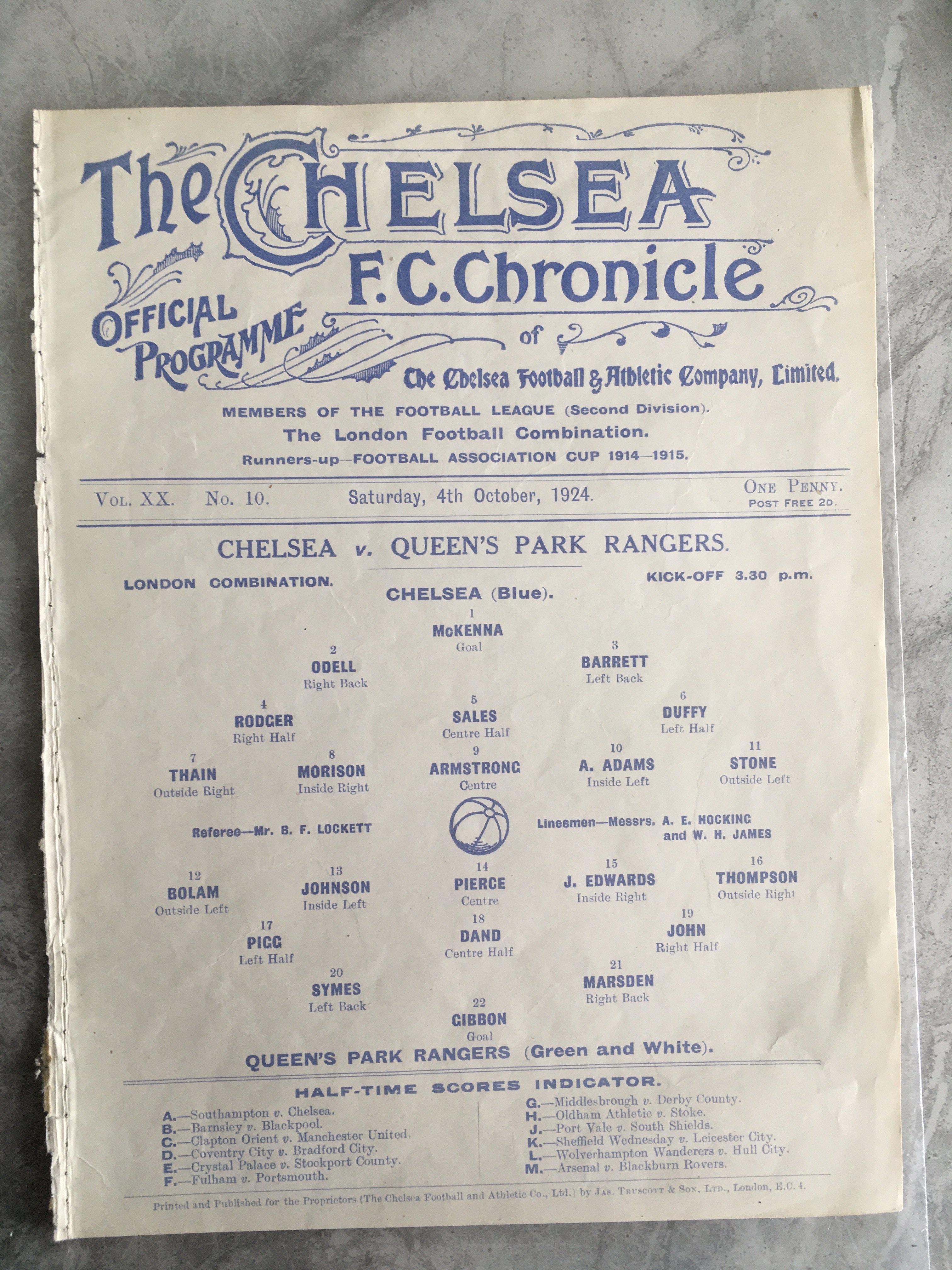 1924 - 1925 Chelsea v QPR Reserves Football Programme: Good condition ex bound single sheet London Combination match with no team changes.