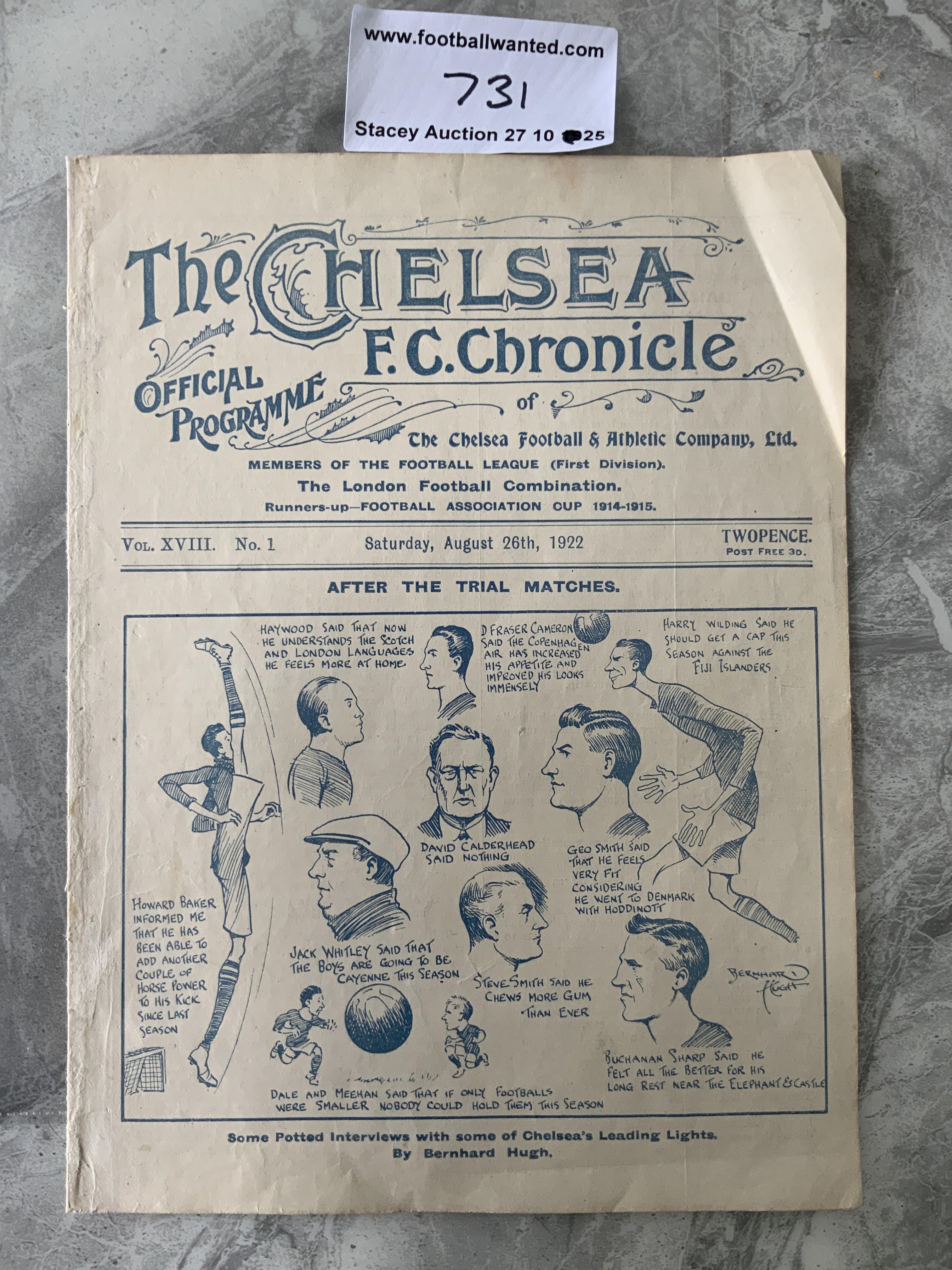 1922 - 1923 Chelsea v Birmingham City Football Programme: Good condition 1st division ex bound 4 pager with no team changes.