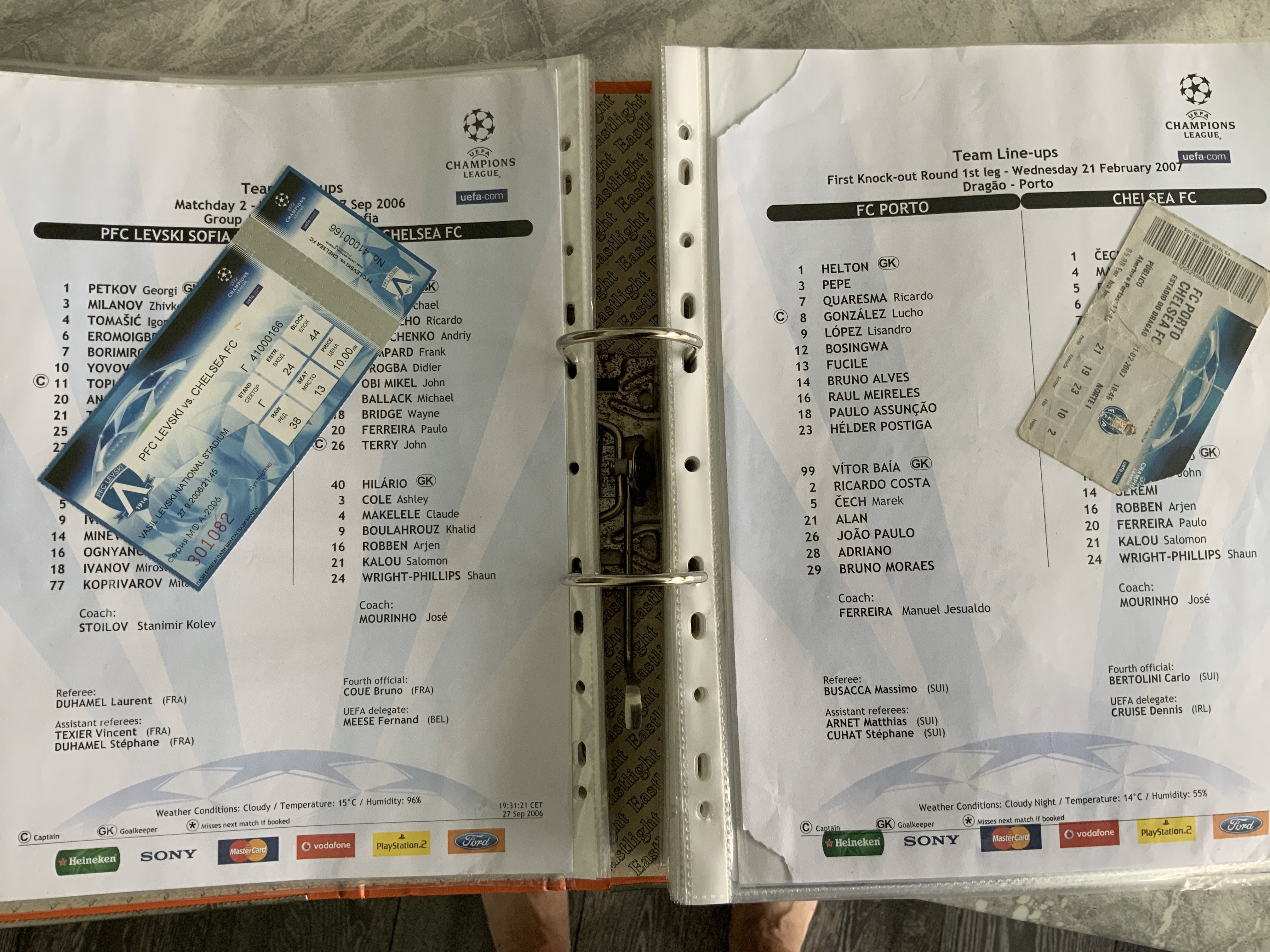 Chelsea Away Football Team Sheets + Tickets: From 2006 to 2011 there are 120 colour unwritten team sheets with accompanying tickets. Includes European matches. (240)