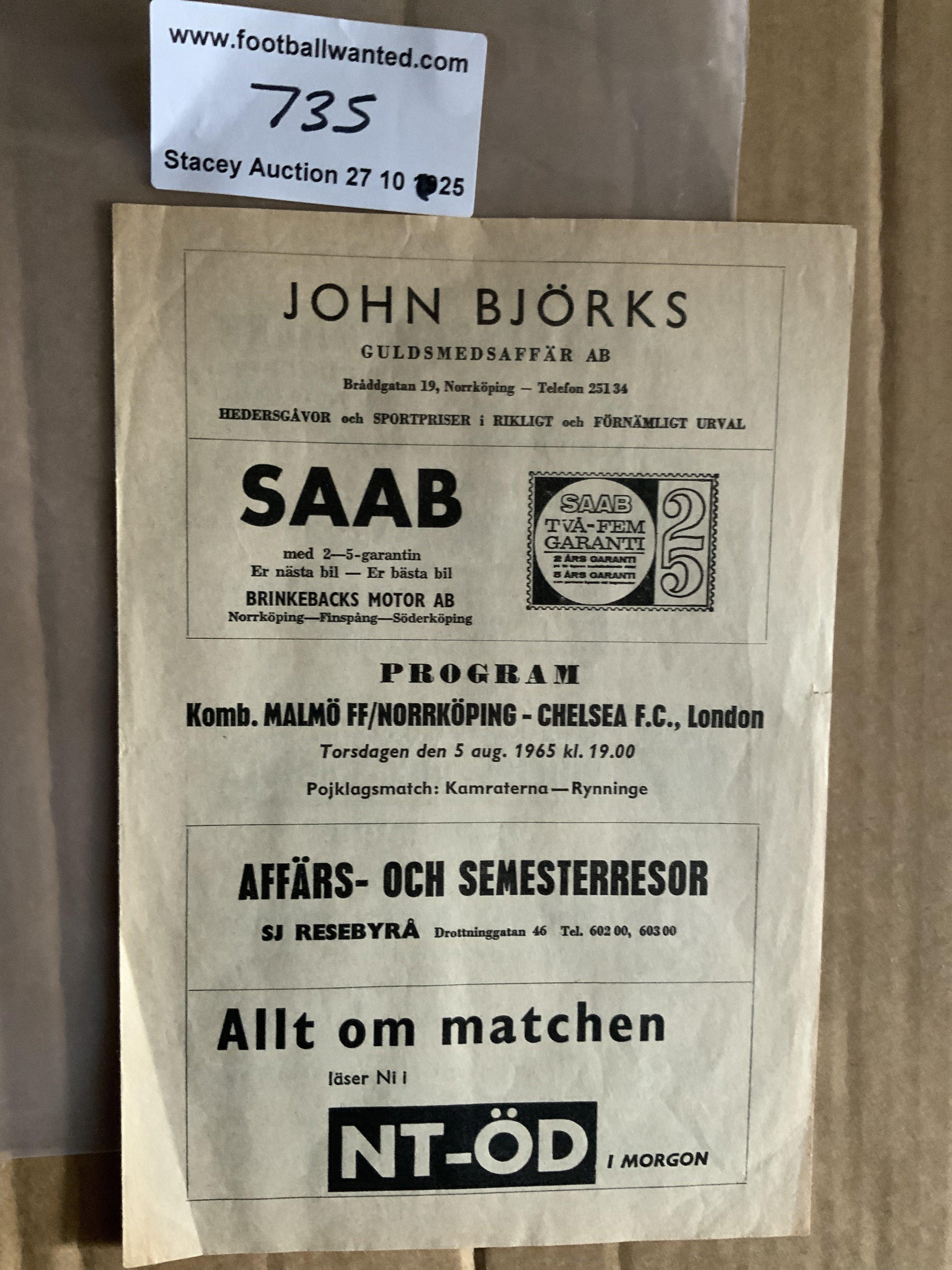 65/66 Norrkoping v Chelsea Football Programme: Excellent condition 4 pager dated 5 8 1965 with no team changes. Instructions to sell.