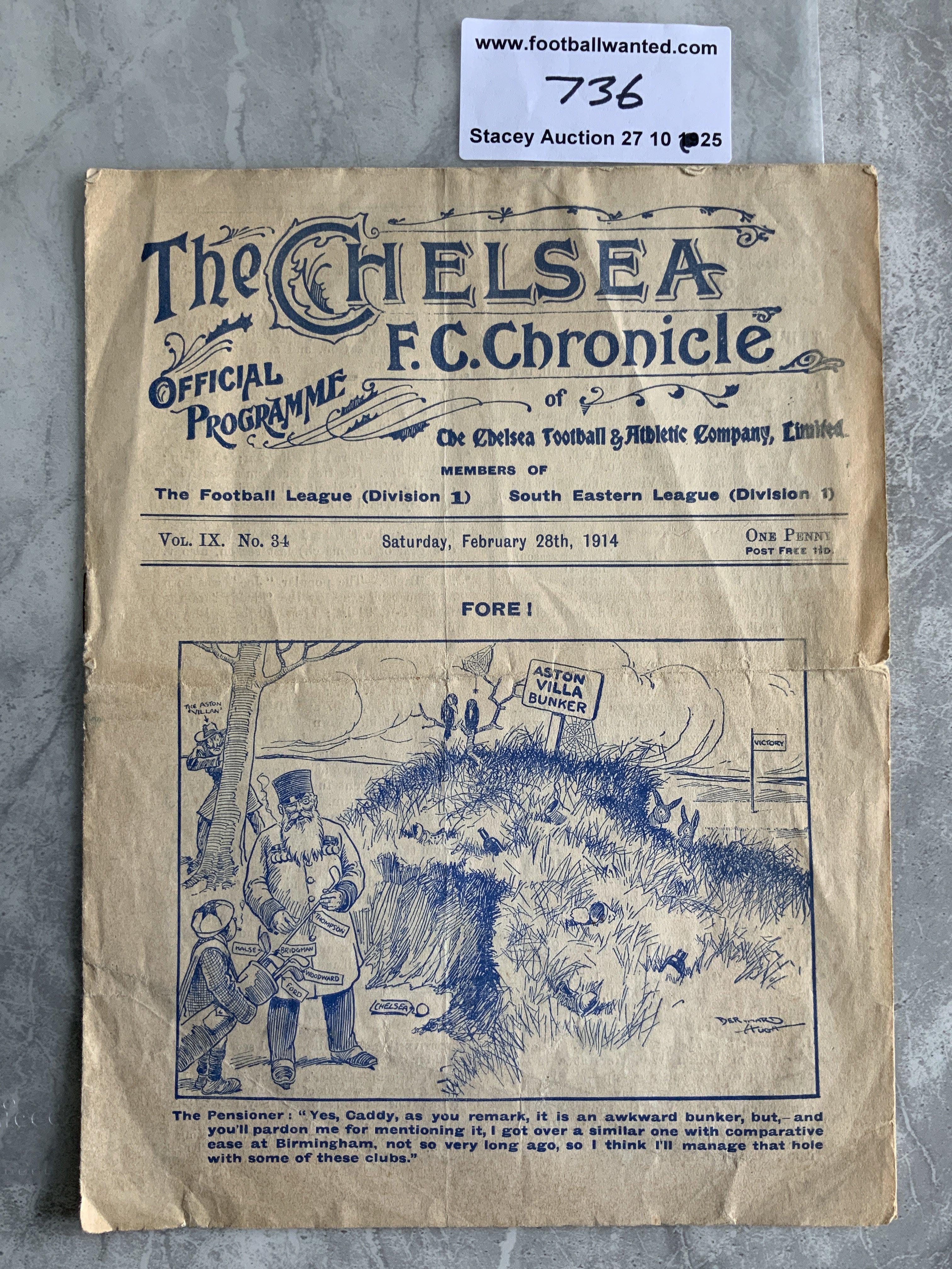 1913 - 1914 Chelsea v Aston Villa Football Programme: First team league match just pre 1st World War. Fair condition 8 pager with no team changes. Splitting to spine and tear to centre fold.