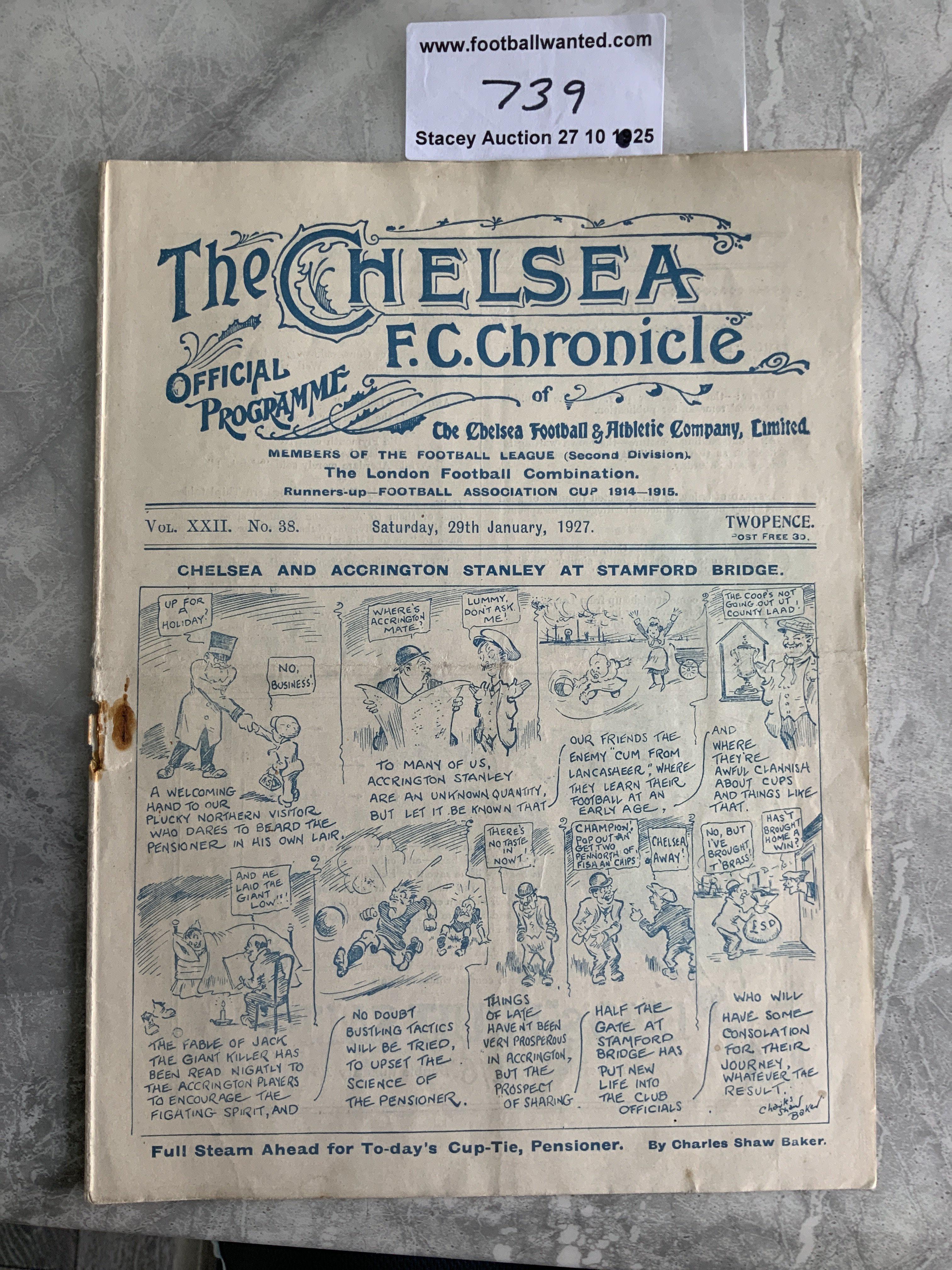1926;- 1927 Chelsea v Accrington Stanley Football Programme: FA Cup match in fair/good condition with no team changes. Staple rotted away.