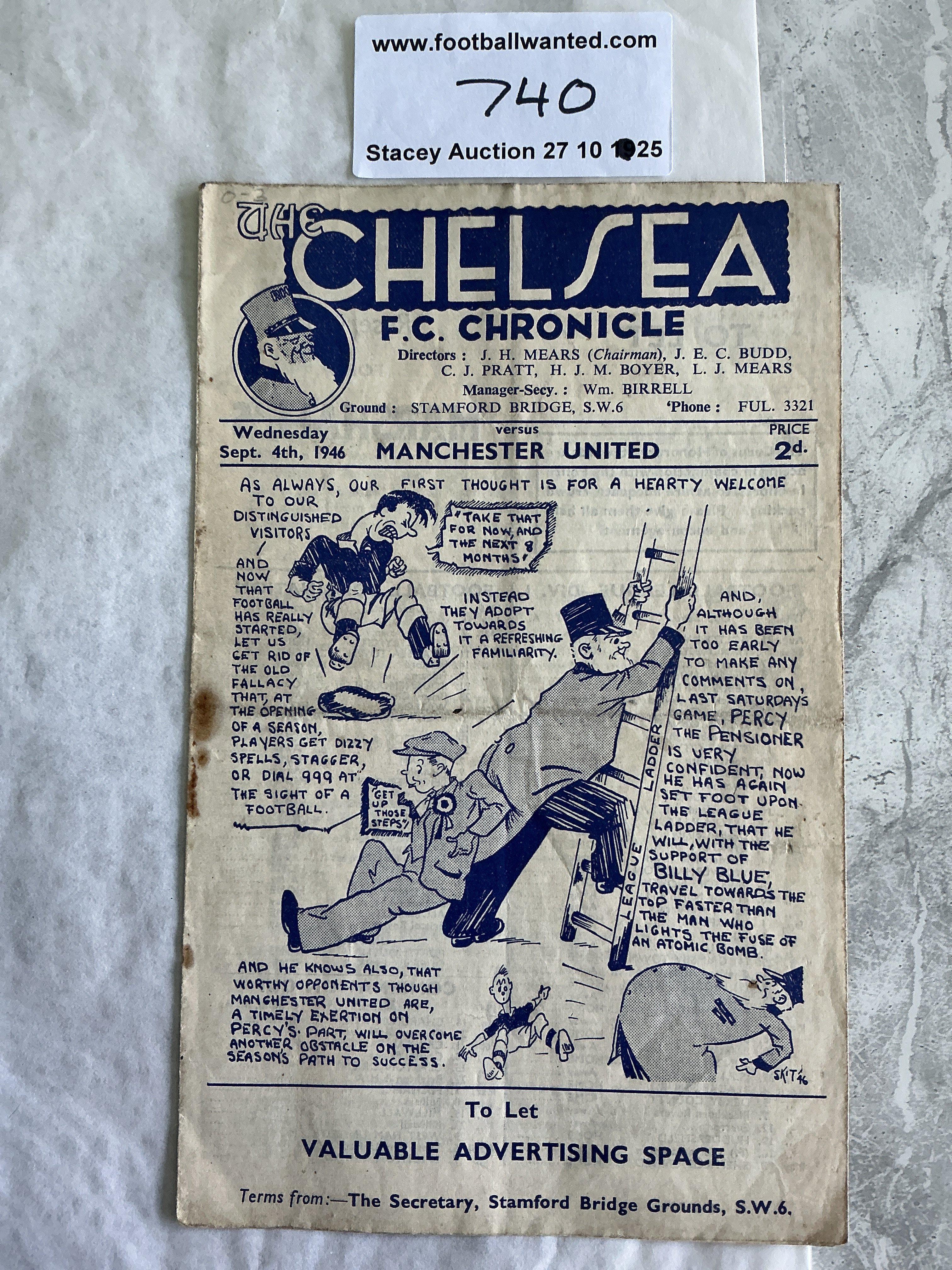 46/47 Chelsea v Manchester United Football Programme: 8 pager is fair/good condition with rust mark but no team changes.