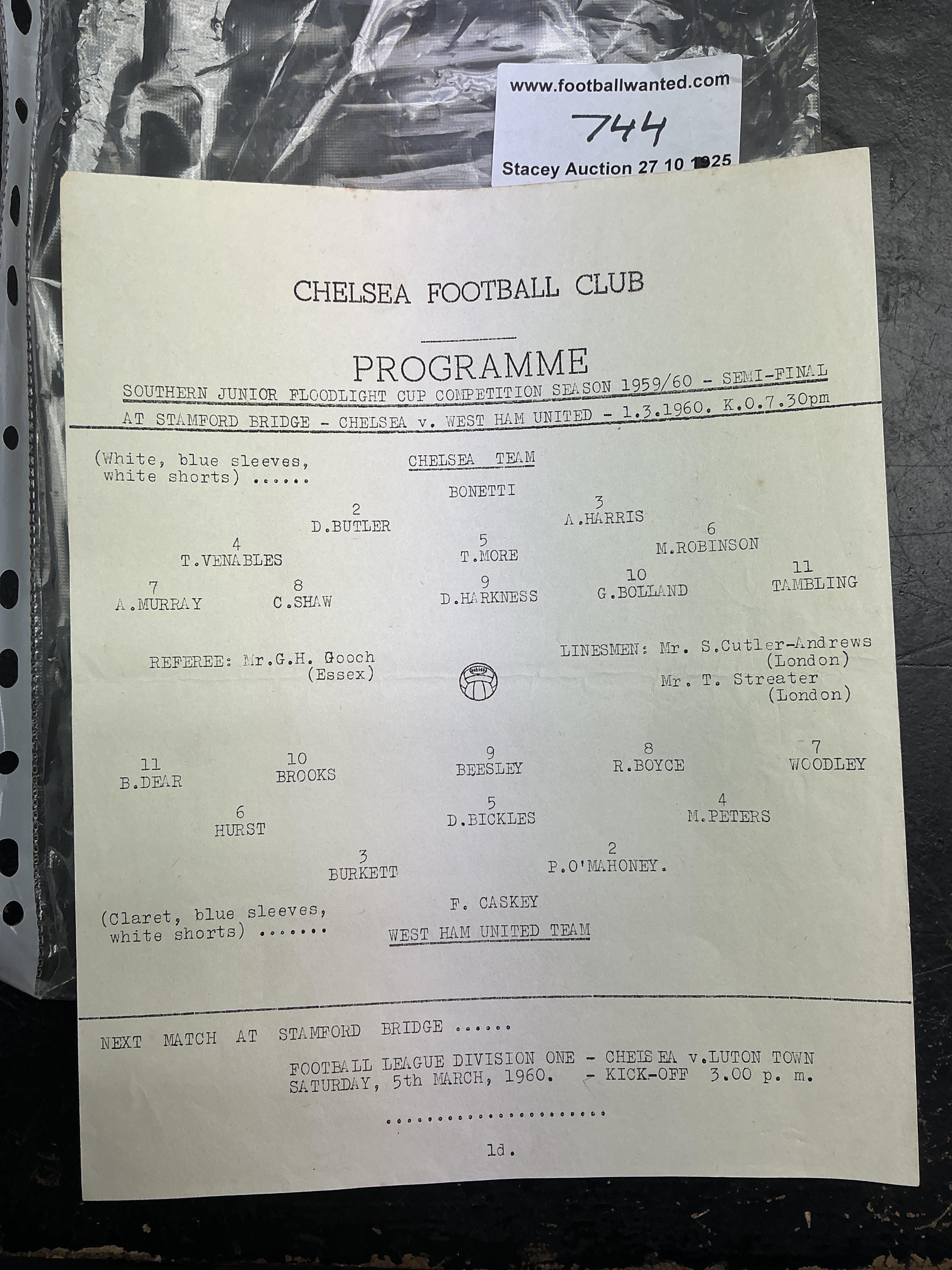 59/60 Chelsea v West Ham SJFC Semi Final Football Programme: Excellent condition single sheet with no writing. Fold.
