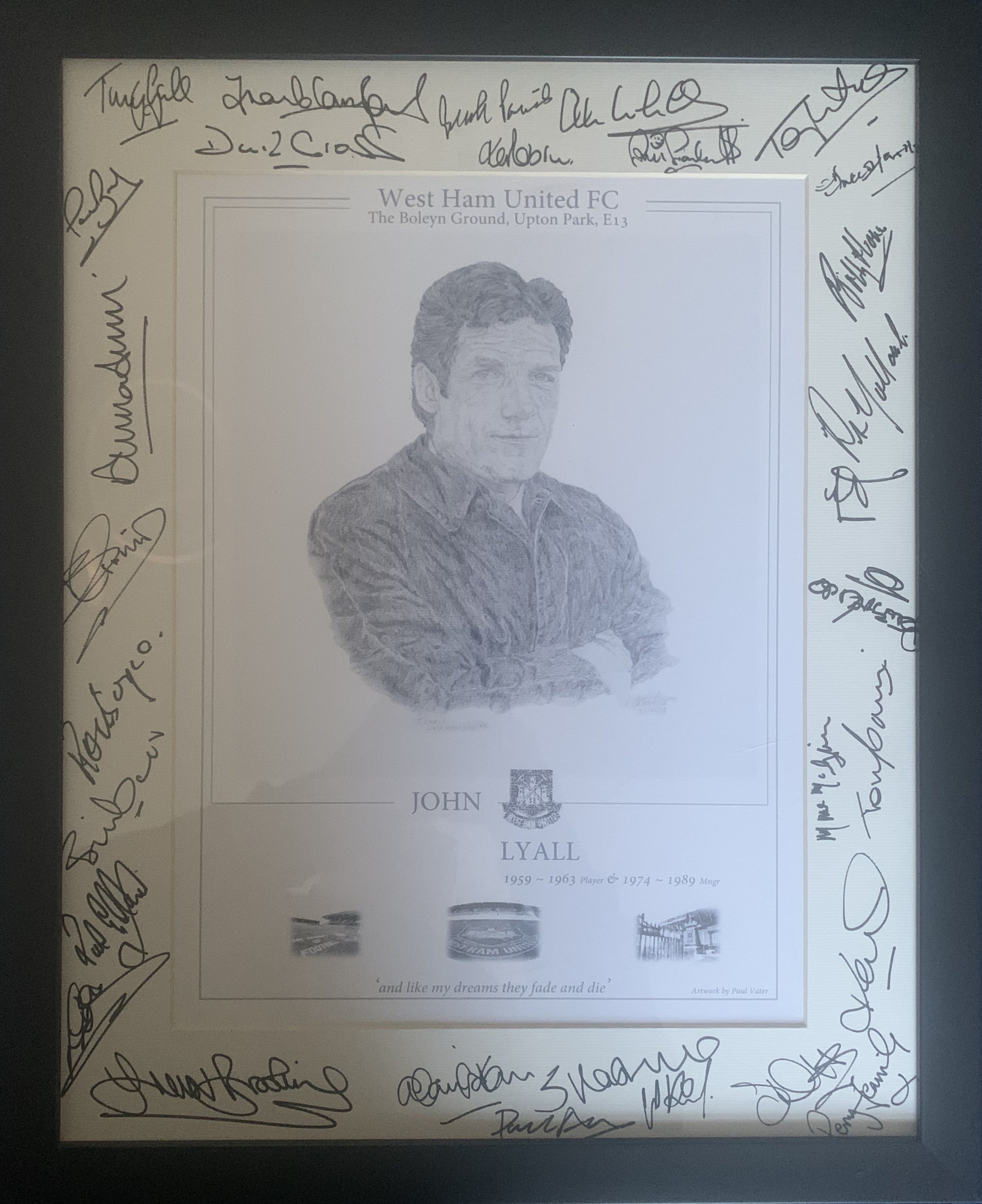 West Ham John Lyall Signed Football Artwork: Presented to Lyall by artist Paul Vater in a nice frame. Signed to border mount by thirty players who played for him from the 60s onwards.