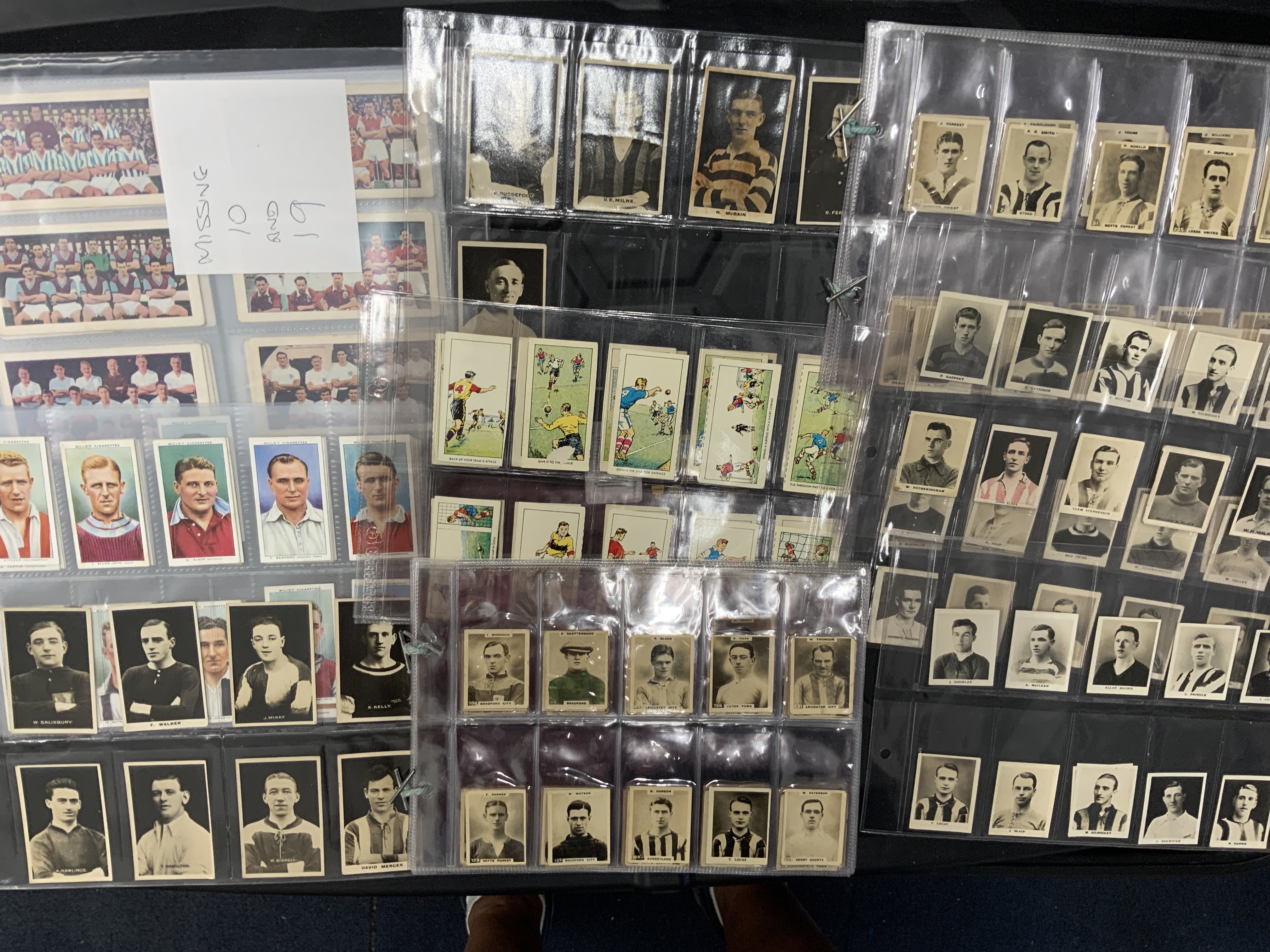 Football Card Collection: Complete set 48 1960 Chics and two missing from 1956 team group set, 42 cards made by Bucktrout of Guernsey, over 200 Pinnace, complete set of 50 Association Footballers by Wills. Cards from makers such as Adventure, Pluck, Ogdens and more. Quantity.