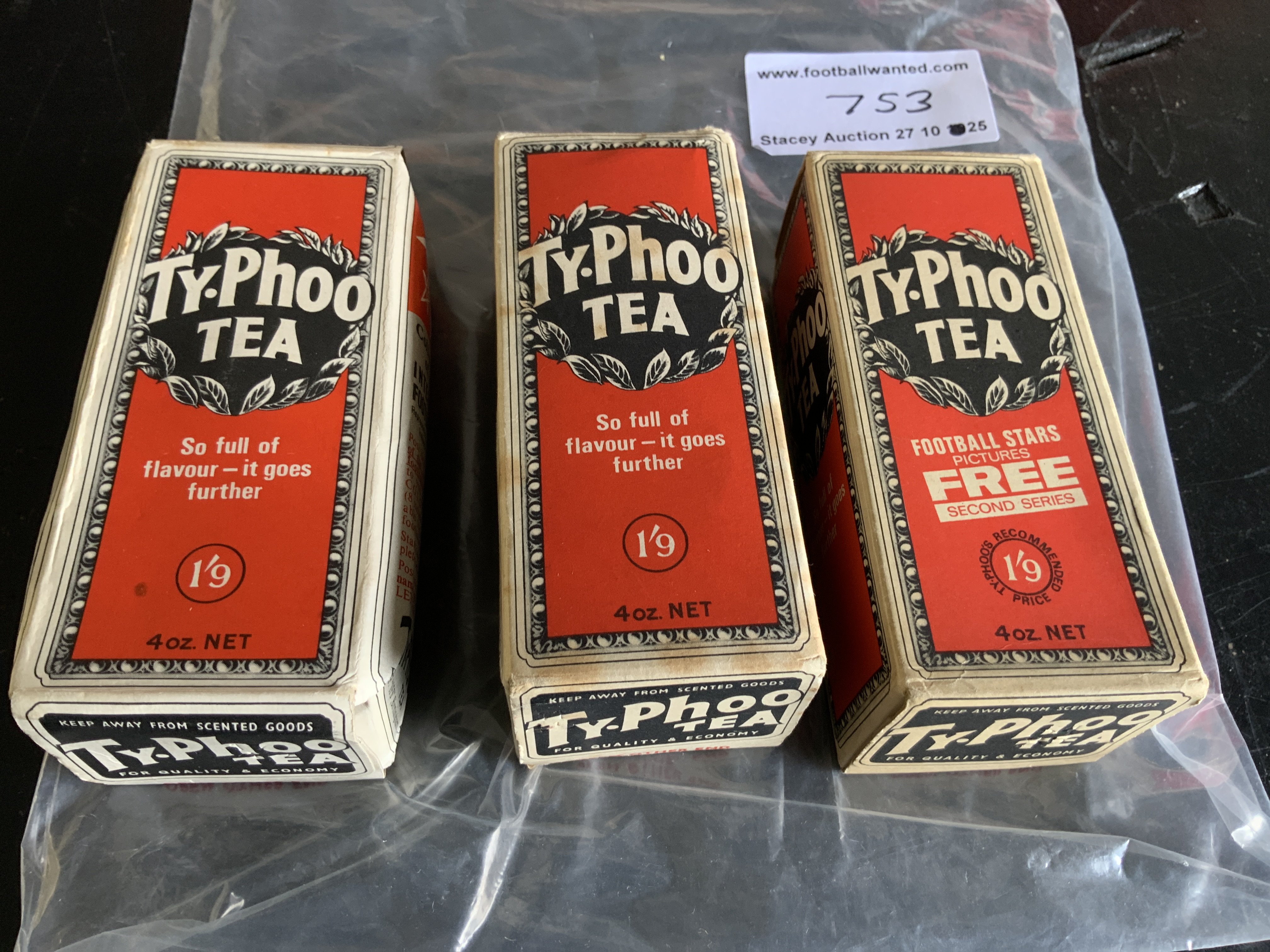 Typhoo Tea Complete Tea Packets With Football Cards: Cards are John Greig Terry Hennessy and Joe McBride. Team packets are unopened with contents intact. Rare items. (3)