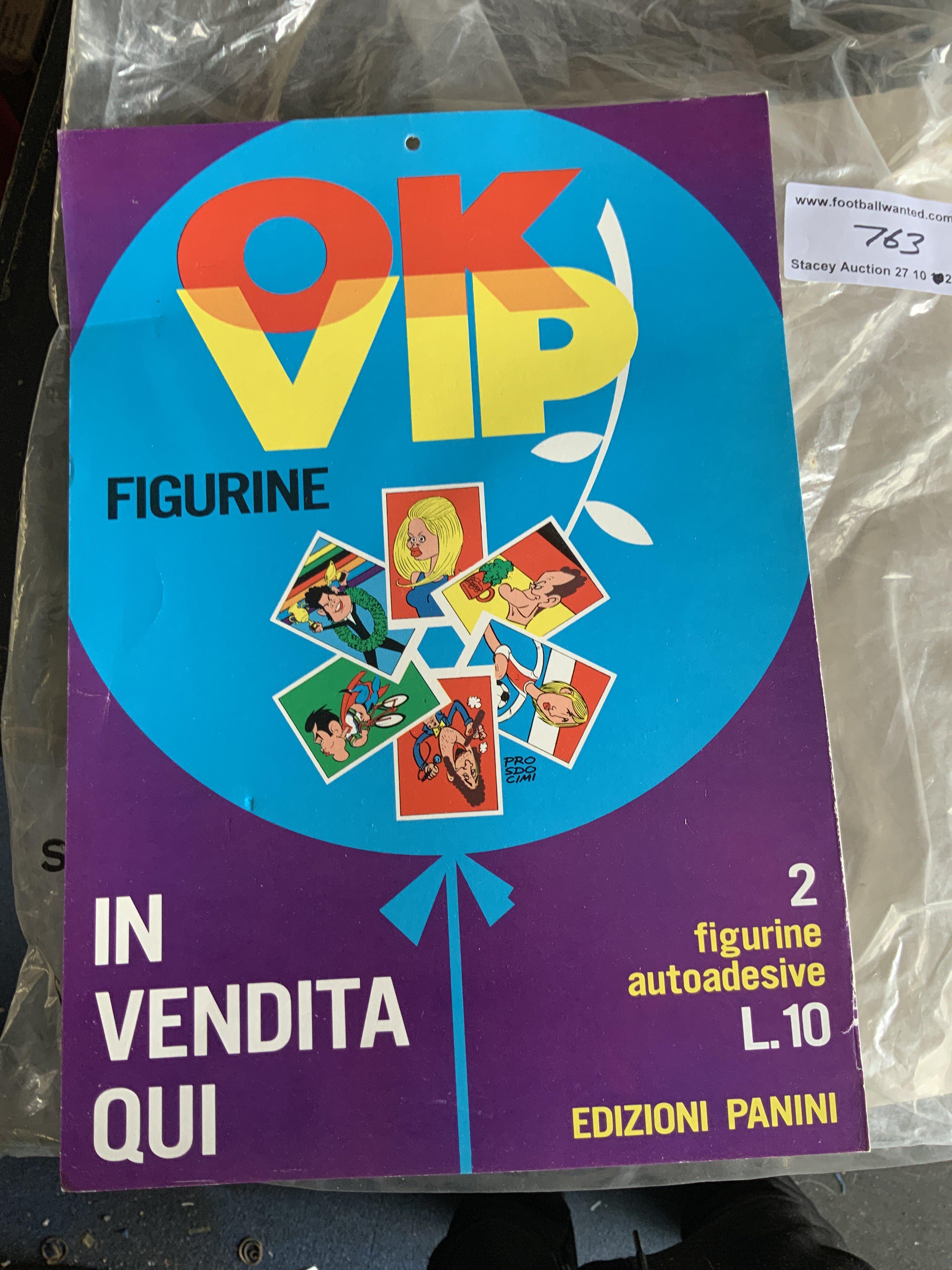 Panini Cards 1973 OK VIP Advertising Poster: Measuring 13 x 9 inches in good condition. Advertising 2 adhesive stickers for 10 lire on sale here. These cards are very rare and this poster even more so. Poster features Richard Nixon Brigitte Bardot Johan Cruyff and Tom Jones.