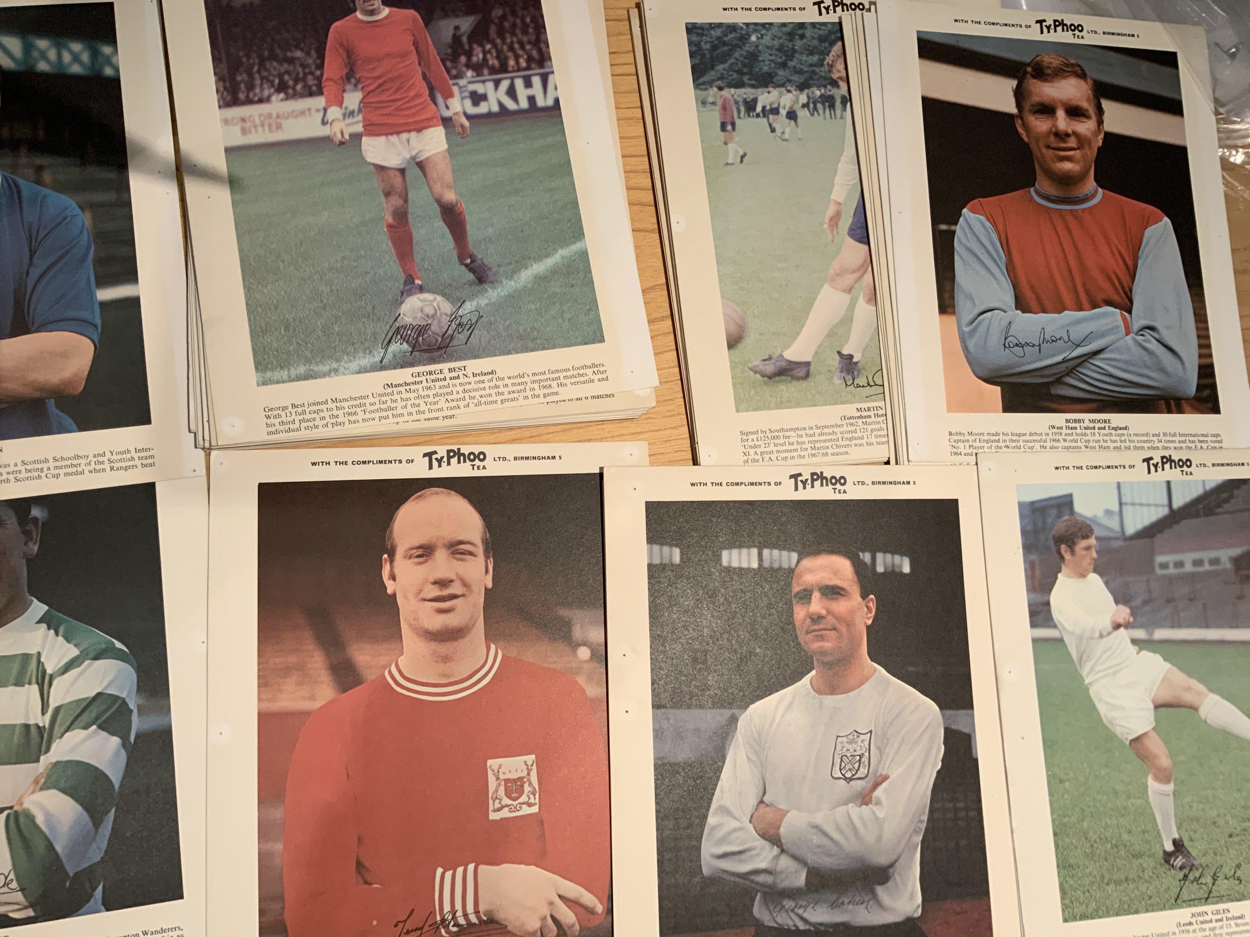 Typhoo Large Football Tea Cards: Whilst in good condition these 47 cards have pin holes in corners where previously displayed. Includes 2 different Bobby Moores and George Bests. C/W full set of Squelchers in original album.