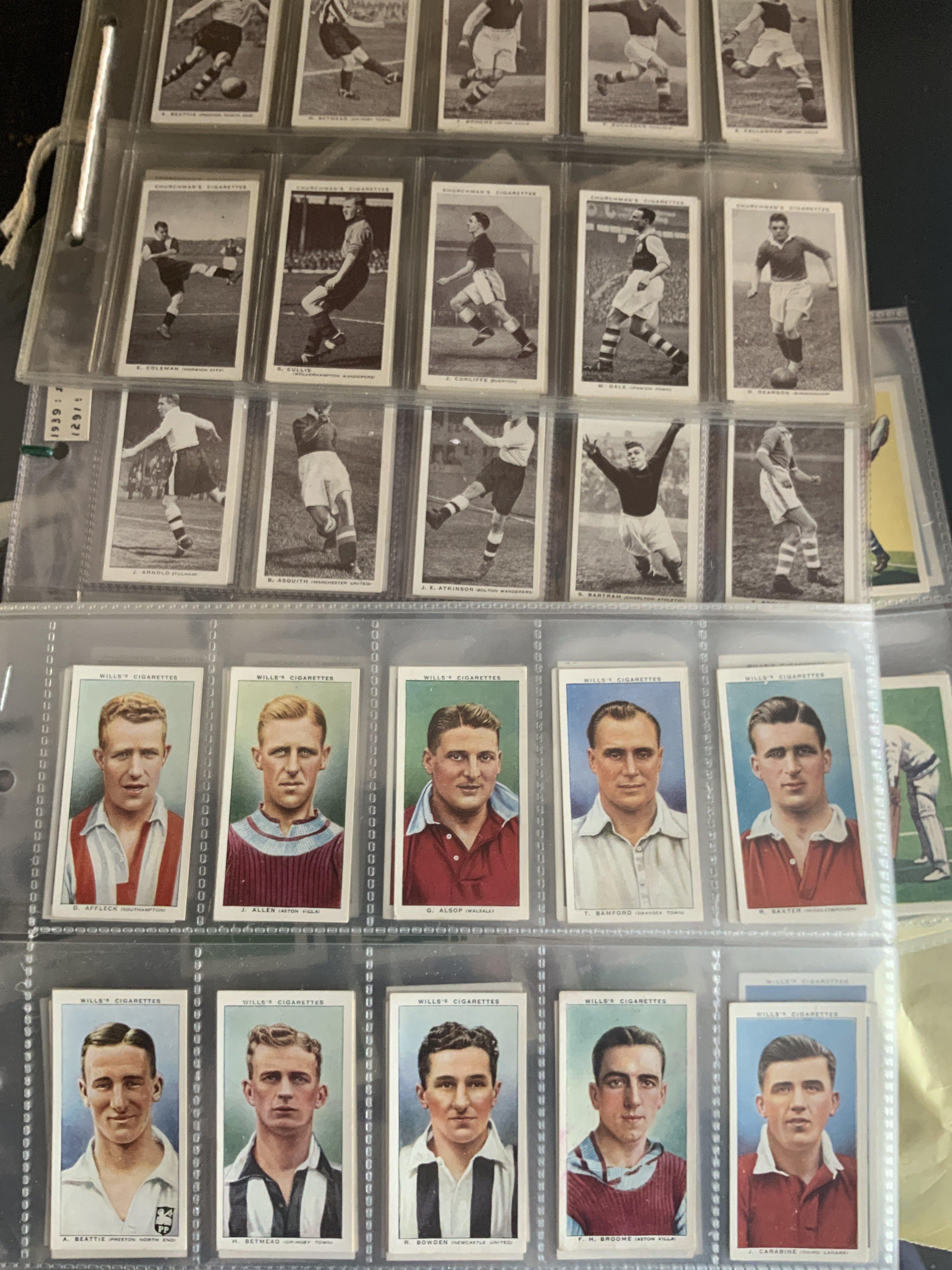 Football Card Collection: Includes 2 complete sets of late 30s Churchmans Wills and a Sun 3D album plus more.