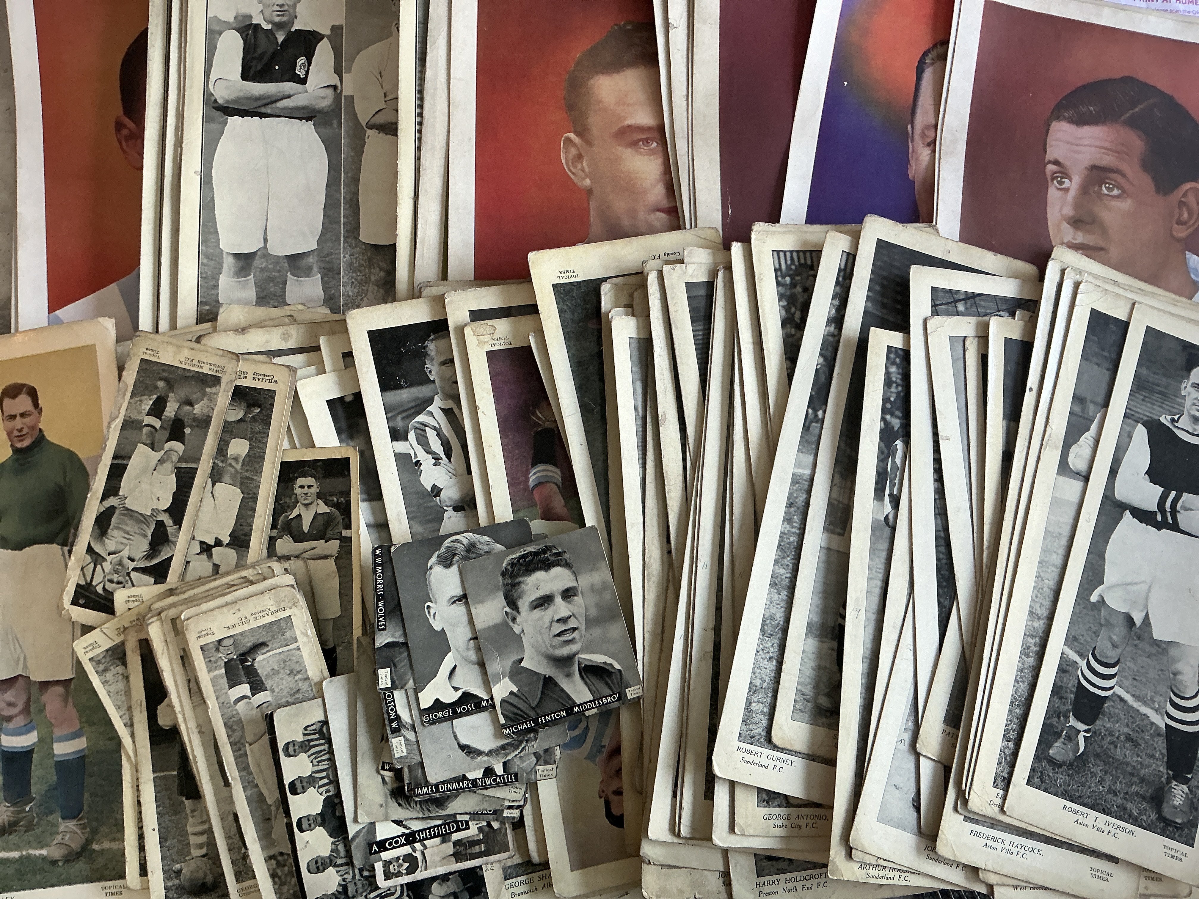Topical Times Football Cards: Single long Panel Portraits x 94, small version x 21, large cards x 15 plus some trimmed cards and standard size cards additionally. Condition is a bit worn and at best fair overall. Instructions to sell.