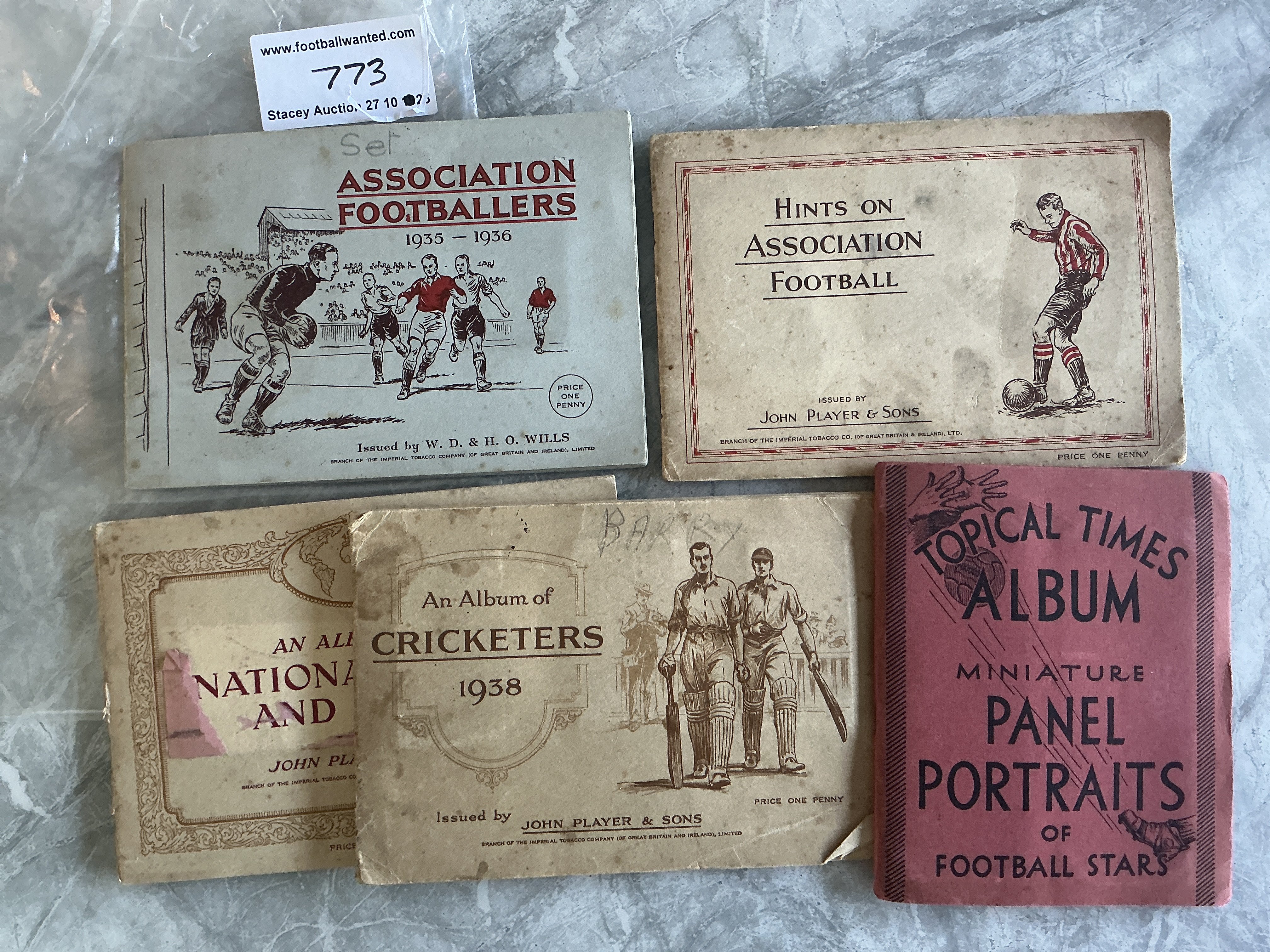 Complete Albums Of Pre War Football Cards: Topical Times Of Miniature Panel Portraits, Hints On Football Association John Player, 35/36 Association Footballers Wills, Cricketers 1938 Players and a further set which is incomplete and in wrong album. Instructions to sell. (4 complete sets)
