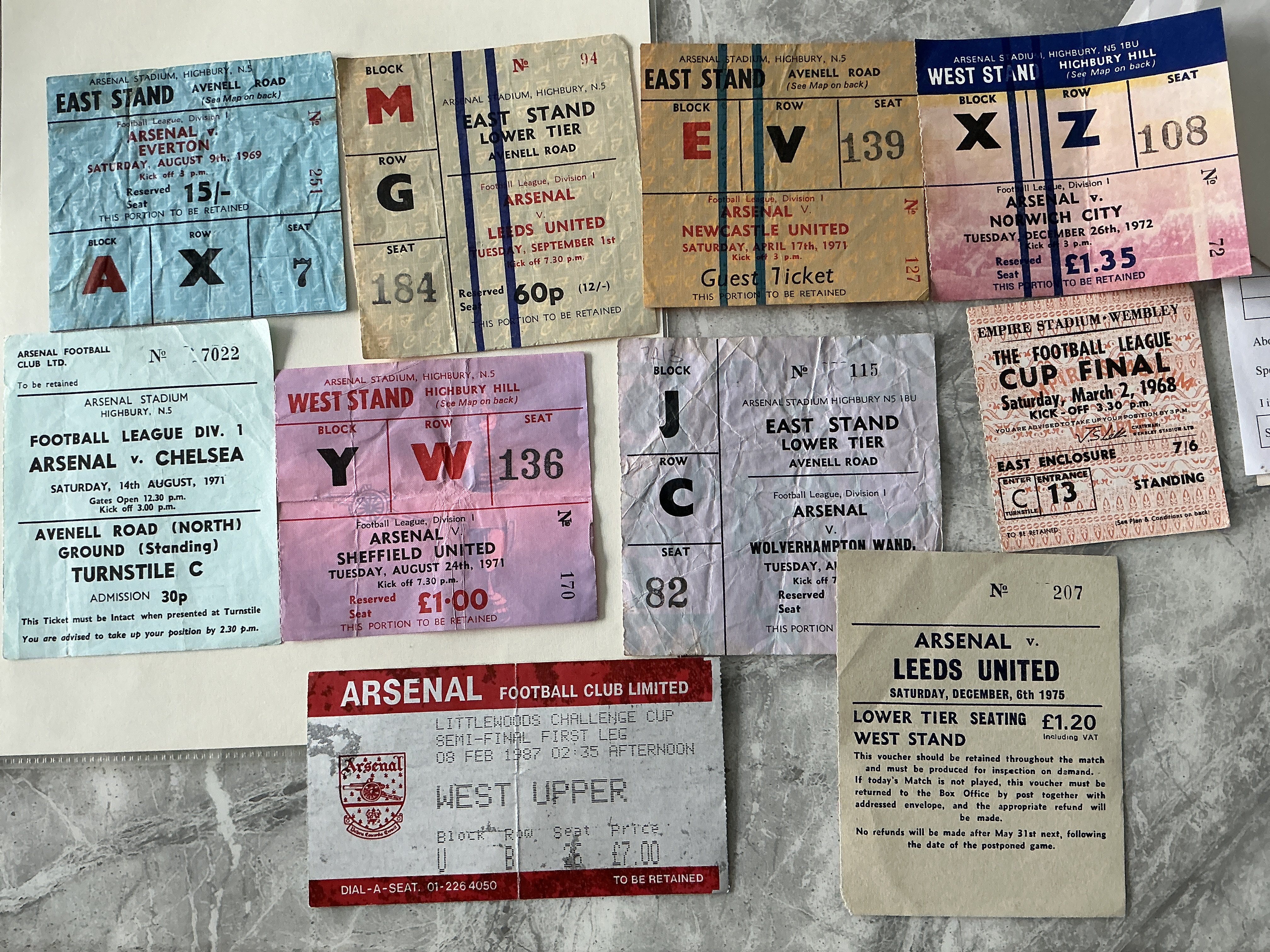 Arsenal Home Football Tickets: 69/70 Everton, 70/71 Leeds Newcastle 71/72 Chelsea Sheffield United 72/73 Wolves 75/76 Leeds. C/W with 1968 League Cup Final and 86/87 Semi Final. Good. (10)