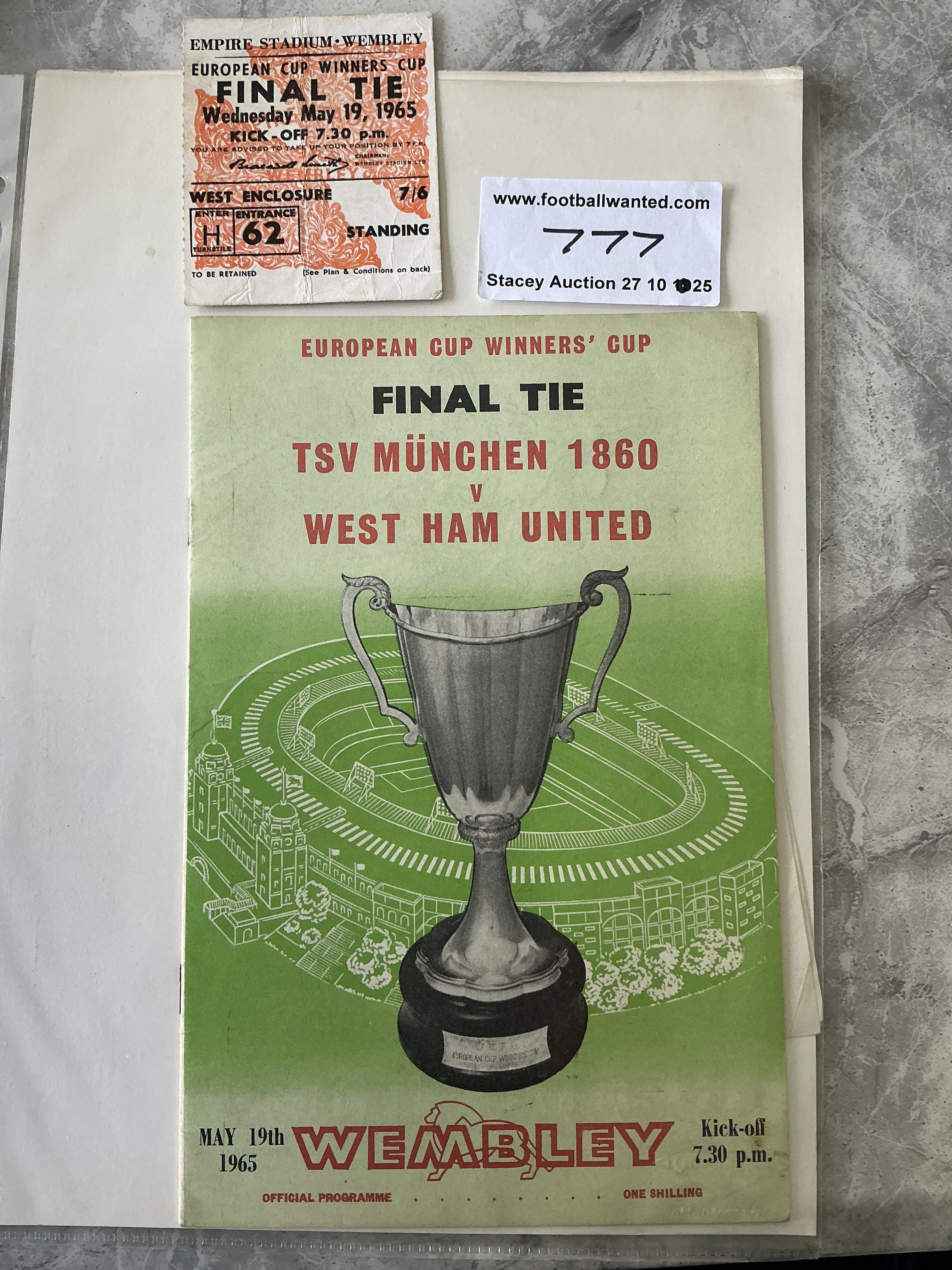 1965 ECWC Final Programme+ Ticket: West Ham v TSV Munich mint condition programme with no writing and ticket with creasing. (2)