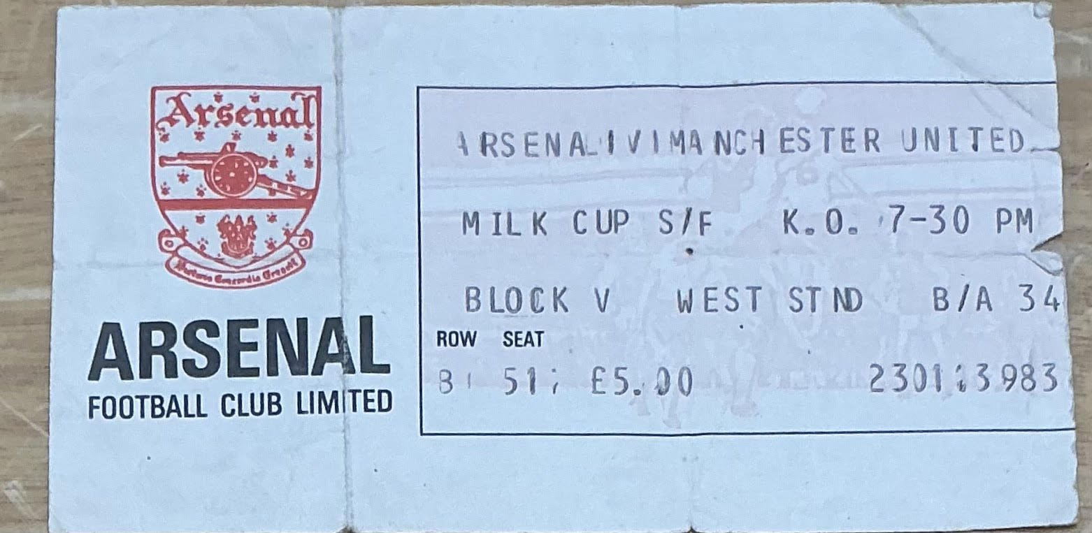 1983 Arsenal v Manchester United LCSF Football Ticket: League Cup semi final match dated 15 2 1983. Small tear on heavy folding.