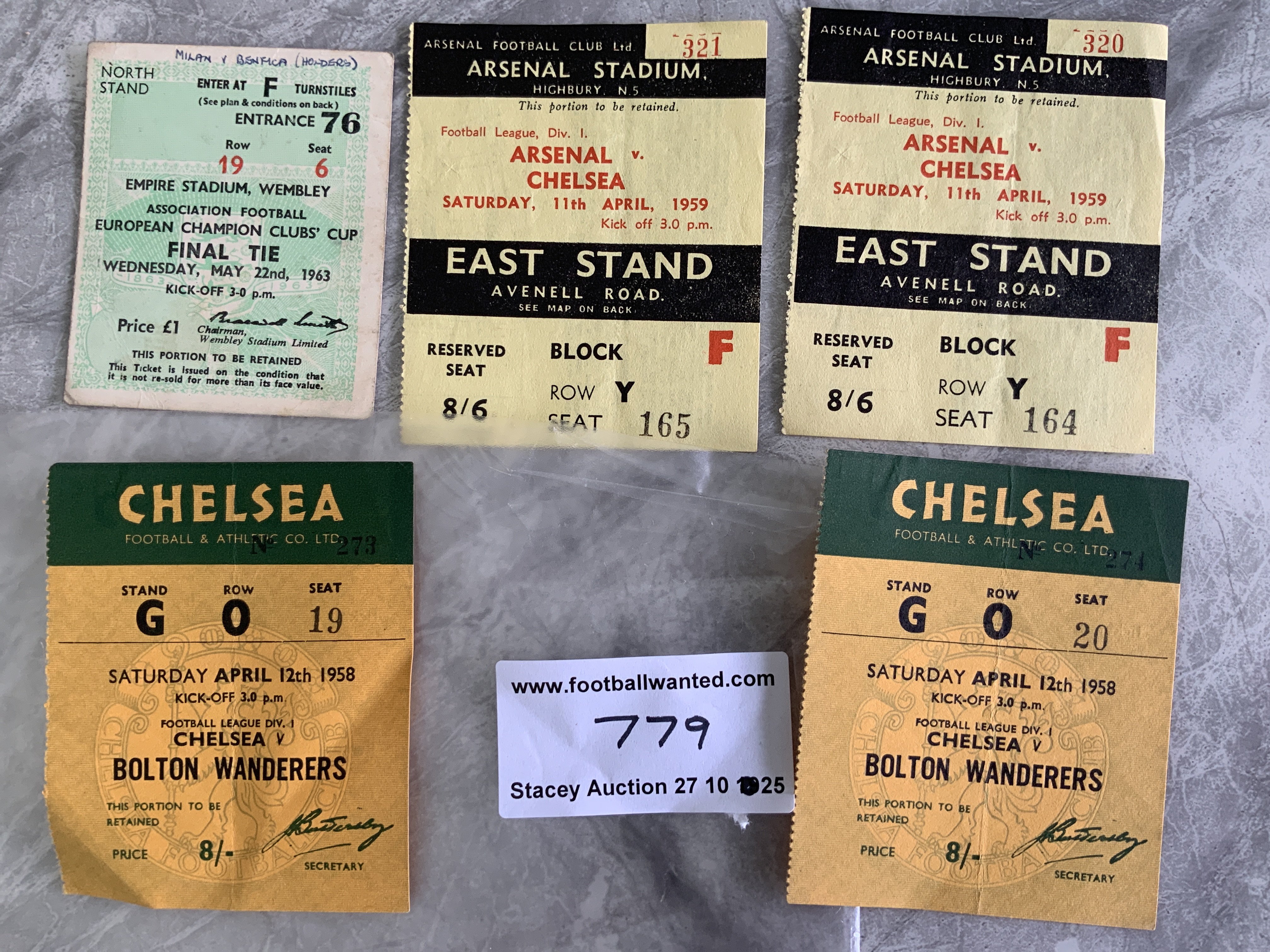 Chelsea Football Tickets + More: Two Chelsea home tickets v 57/58 Bolton and two for away match at Arsenal in 58/59 all very good. C/W 1963 European Cup final at Wembley between AC Milan and Benfica with fixture neatly written. (5)