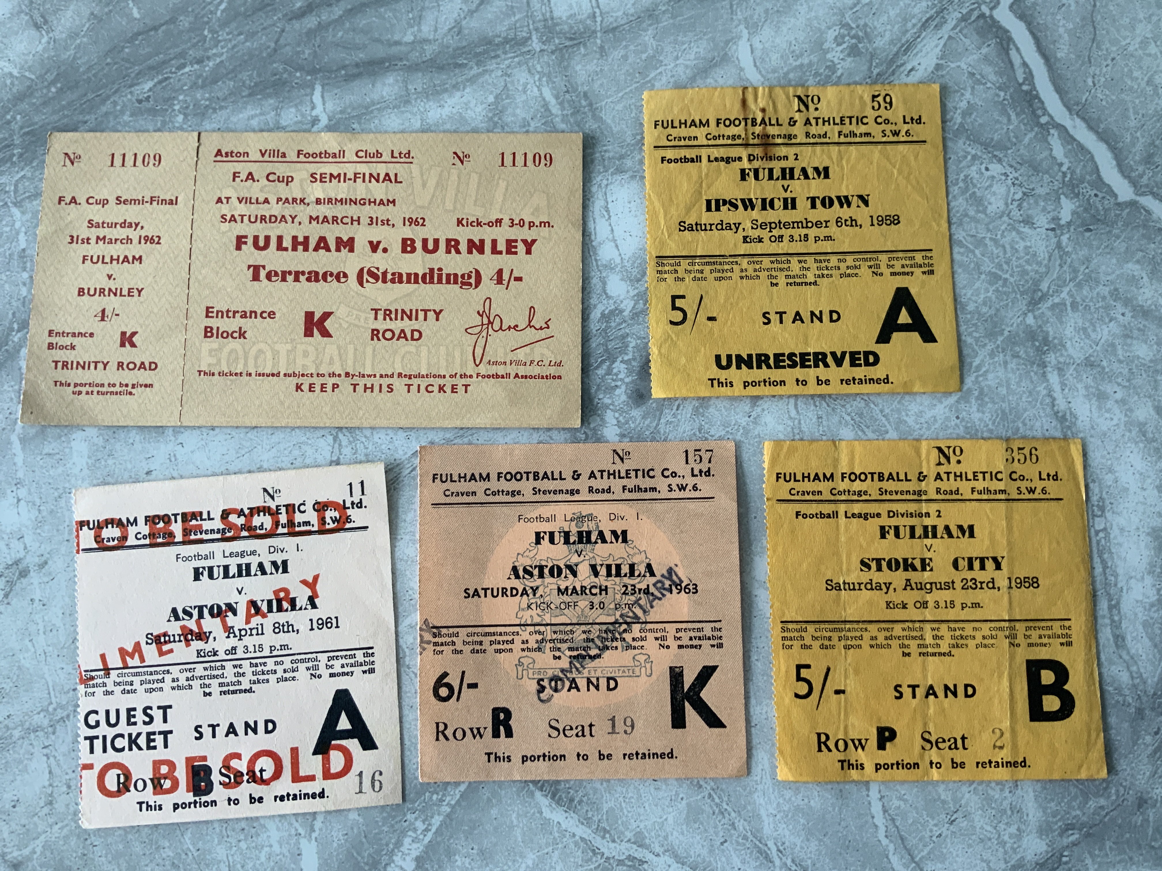 Fulham Football Tickets: Home tickets v 58/59 Stoke, Ipswich, 60/61 Aston Villa, 62/63 Aston Villa and a used semi final ticket v Burnley in 1962. Very good. (5)