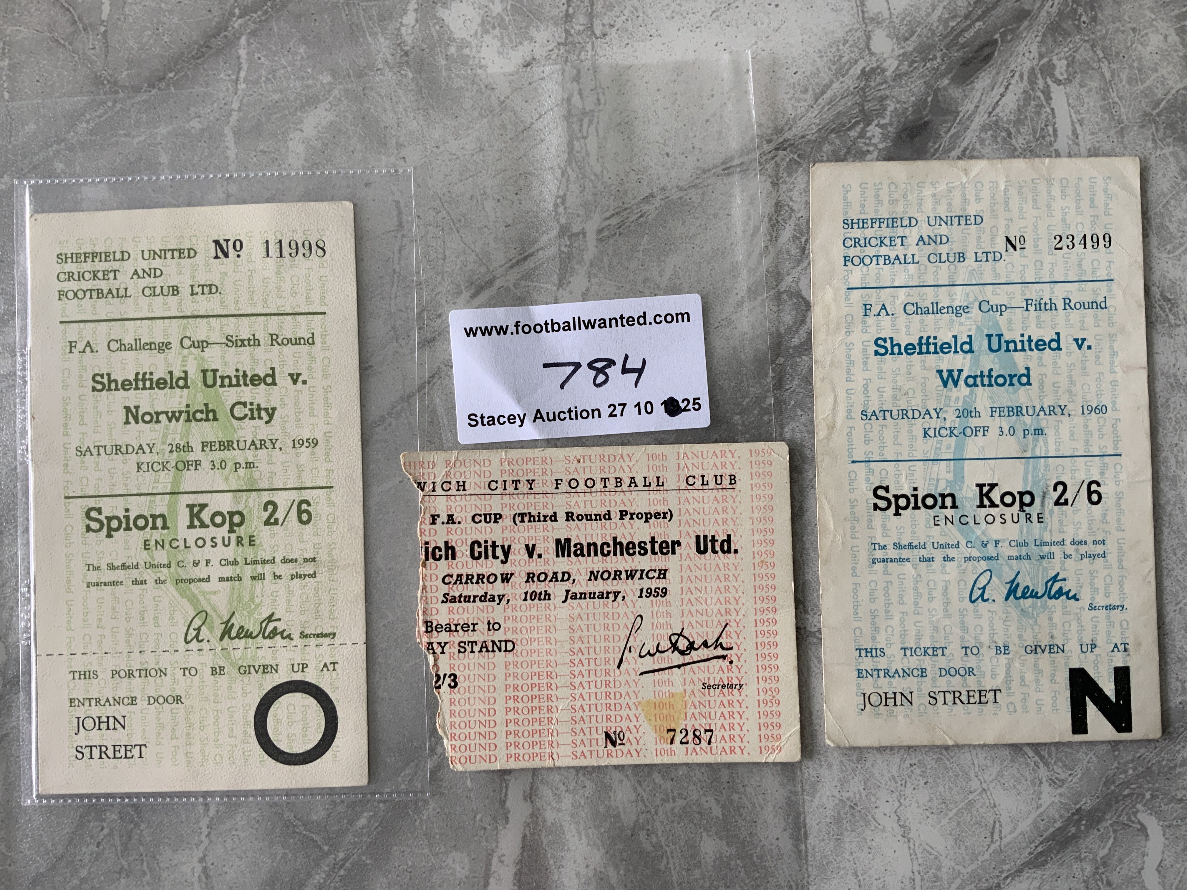 Late 50s FA Cup Football Tickets: 58/59 Sheffield United v Norwich City, 59/60 Watford both very good. C/W Norwich City v Manchester United with piece torn off for entry. (3)