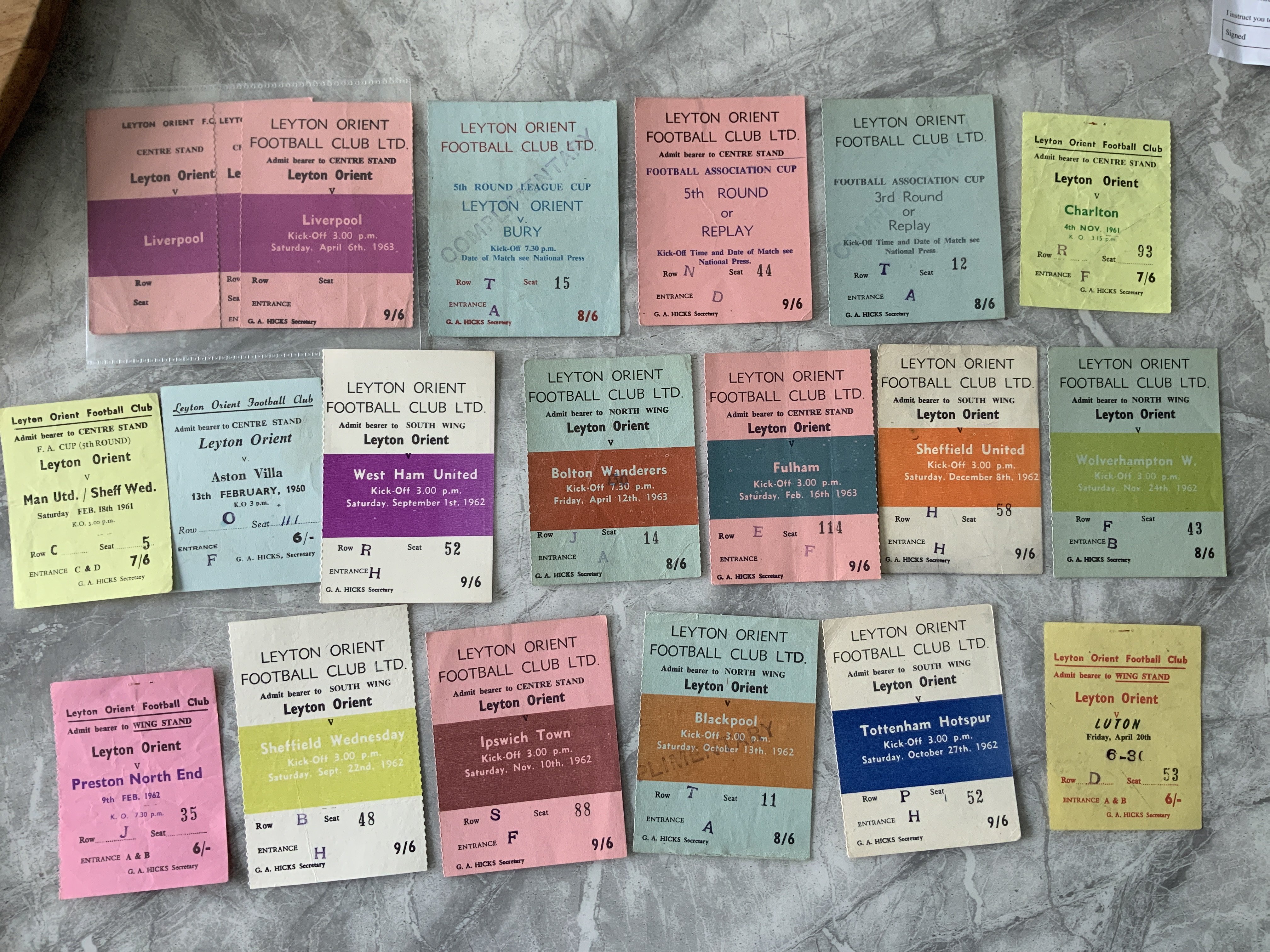 Leyton Orient 62/63 Home 1st Division Football Tickets: Incredibly rare to include Bury League Cup and Leicester FA Cup. League matches v Bolton Fulham Sheffield United Wolves Ipswich Tottenham Blackpool West Ham Sheffield Wednesday and all 3 parts of Liverpool. Additionally there are 6 earlier Orient homes. Very good. (18)