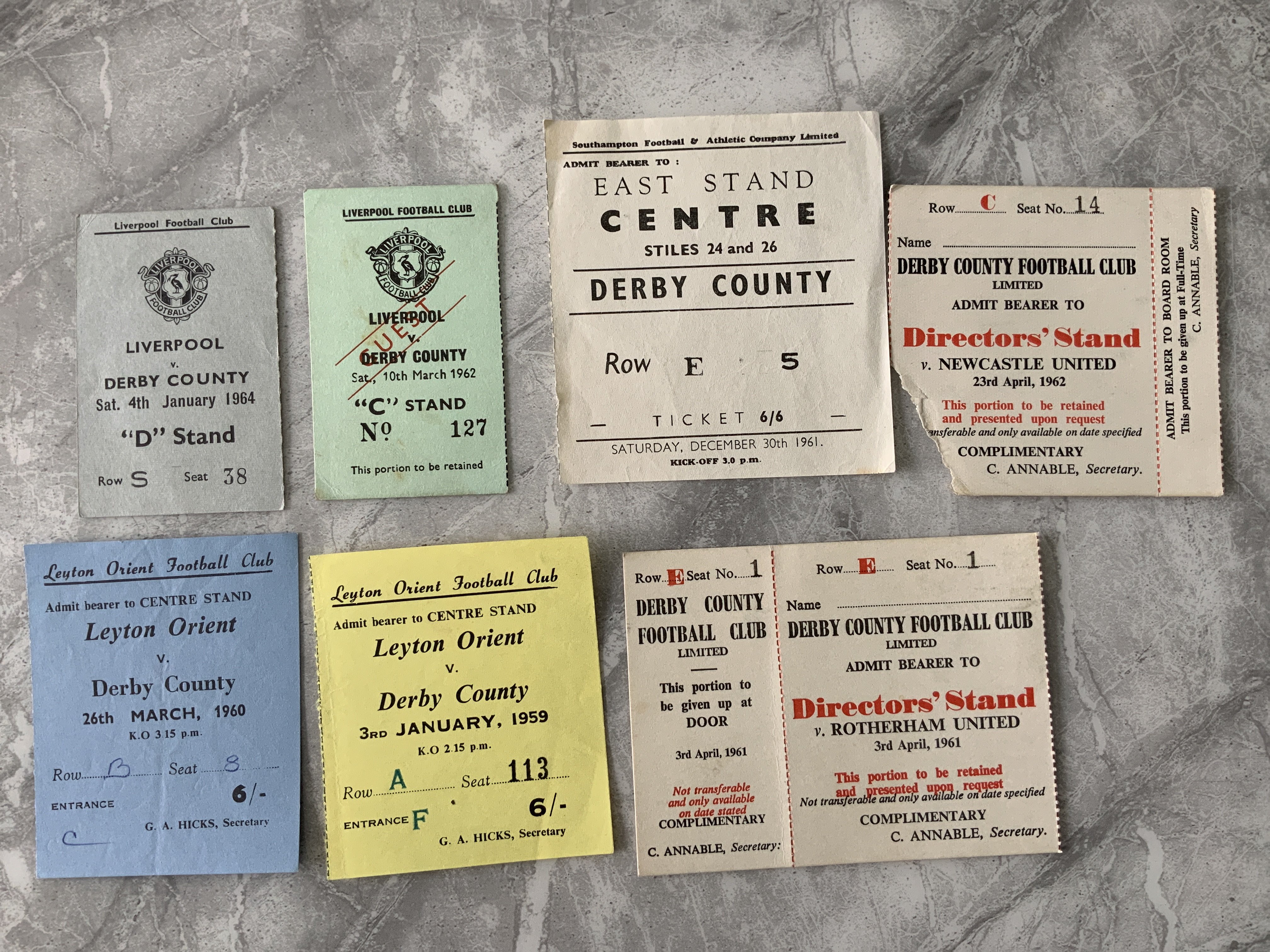 Derby County Football Tickets: Away at Liverpool 61/62 + 63/64 when Liverpool were champions, 61/62 Southampton, Orient 58/59 + 59/60. Directors home tickets v Newcastle and Rotherham unused. Good. (7)