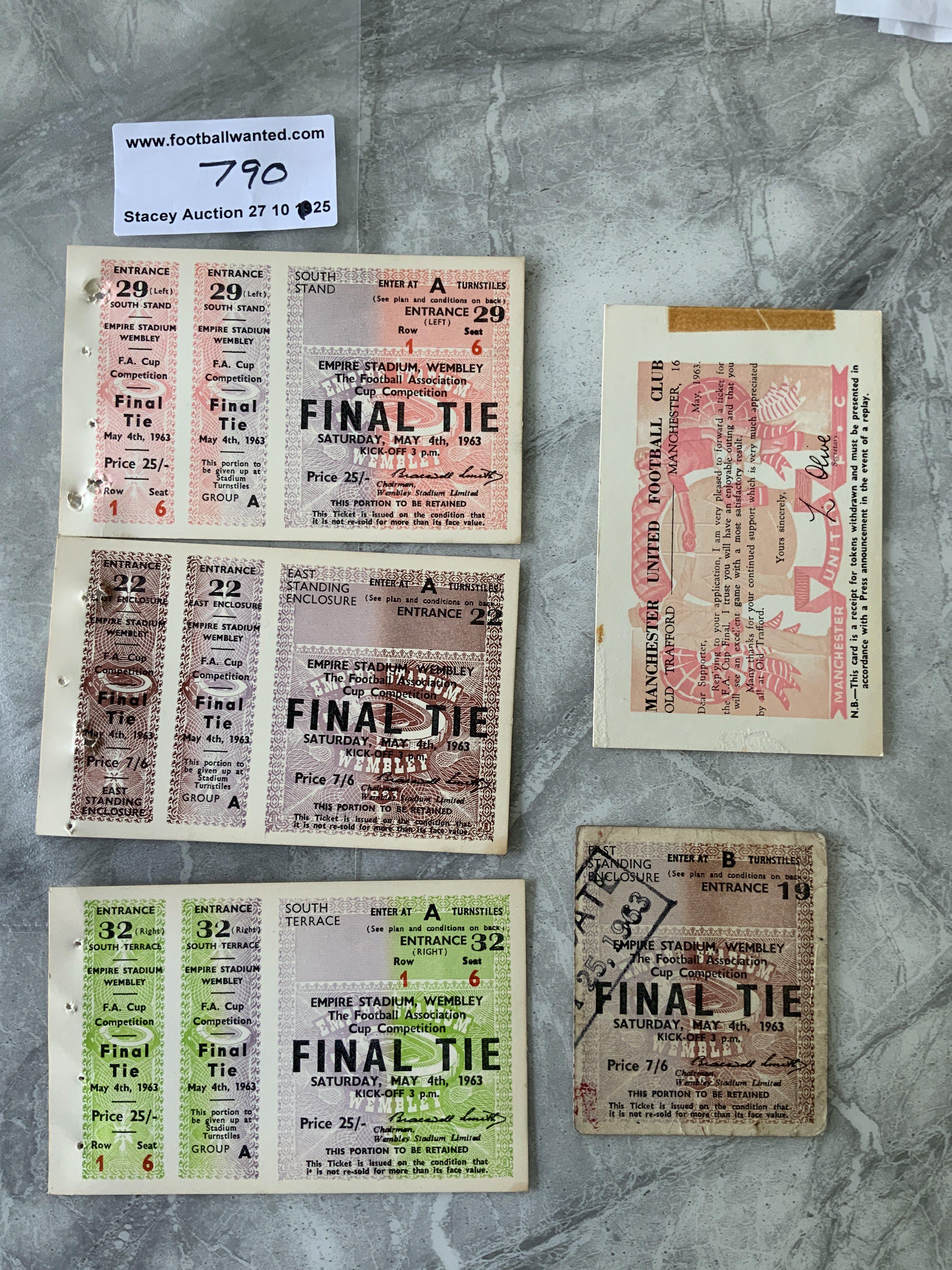 1963 FA Cup Final Manchester United Football Tickets: Below average final ticket with accompanying card from Man Utd stating we are pleased to inform you we have enclosed your ticket. C/W 3 different colour proof complete copies sent to the FA for approval from the printers. These tickets differ because they do not have perforations. (5)