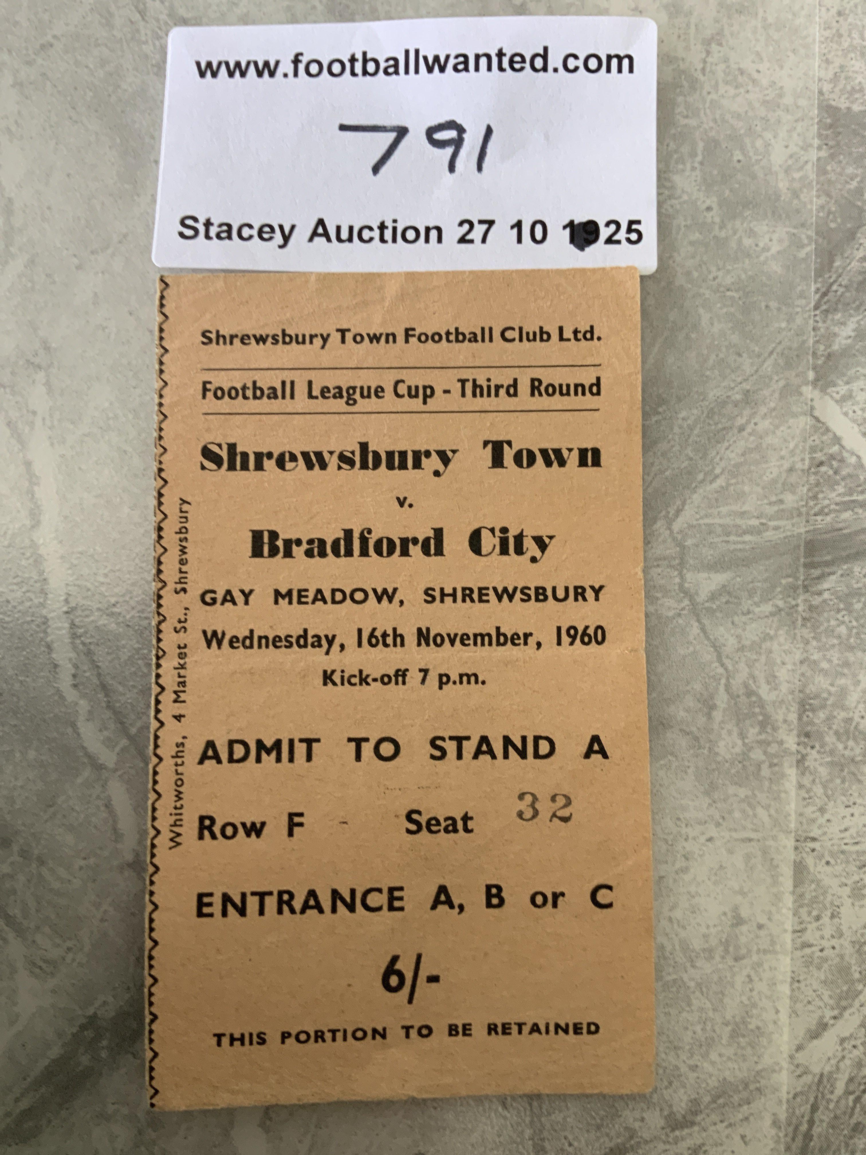 60/61 Shrewsbury Town v Bradford City League Cup Football Ticket: Excellent condition 3rd round match at Gay Meadow from the inaugural season of the cup.