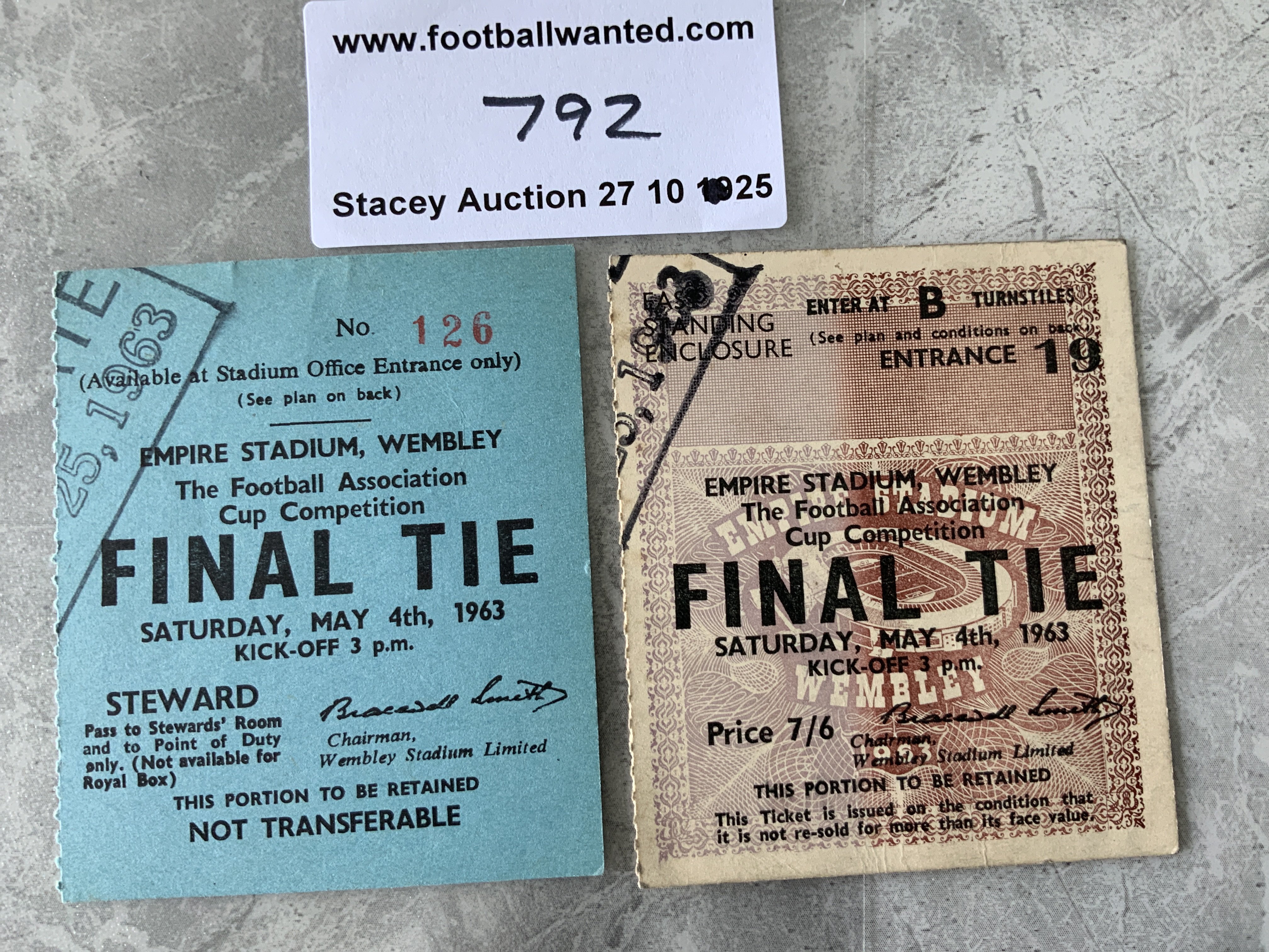1963 FA Cup Final Stewards Football Tickets: Manchester United v Leicester City stewards ticket and a standard ticket. Very good. (2)